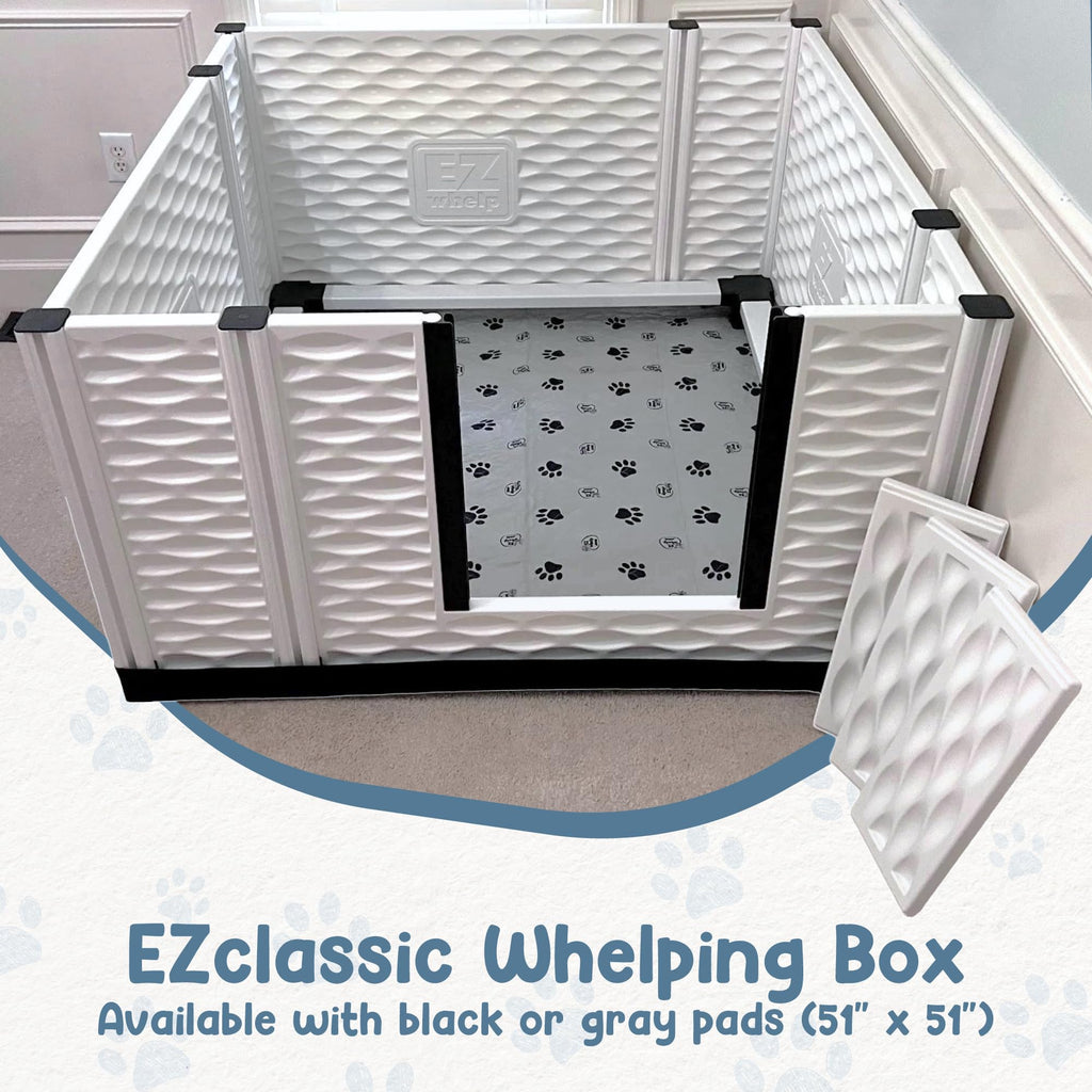 EZwhelp EZclassic Windowed 48"x48"x18" Whelping Box with Rails and Windowed Walls, Padded Dog Whelping Box, Black Pad
