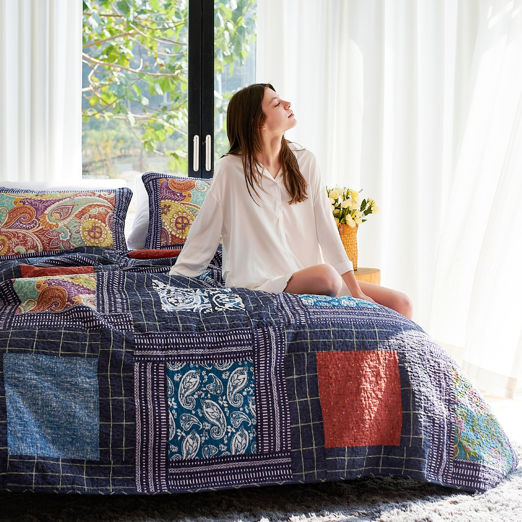 Secgo Twin Comforter Set for Bed - 100% Cotton Quilts Twin Size, Black Bedspreads with 2 Pillow Shams, Patchwork Reversible Lightweight Bedding