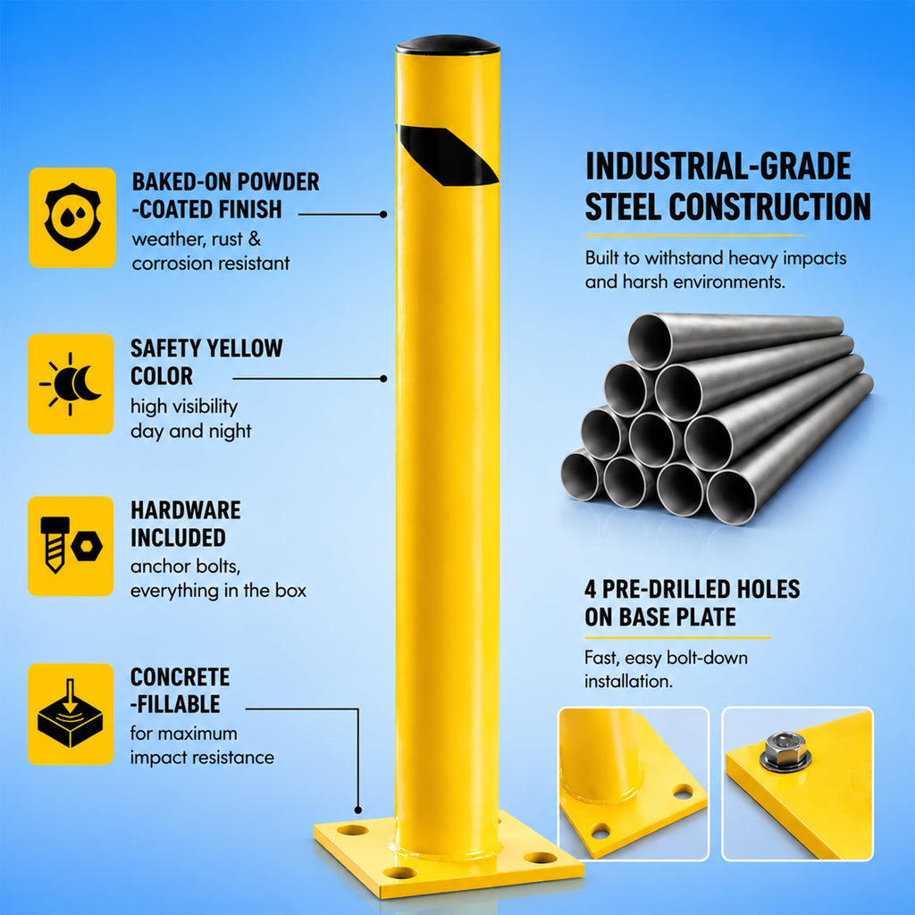 Crowd Control Warehouse Trafford Industrial Steel Bollards 24” Height, Safety Steel Post, Yellow Powder-Coated Finish Heavy Duty Fillable with Concrete, for Driveway Barrier, Parking Pole & Traffic