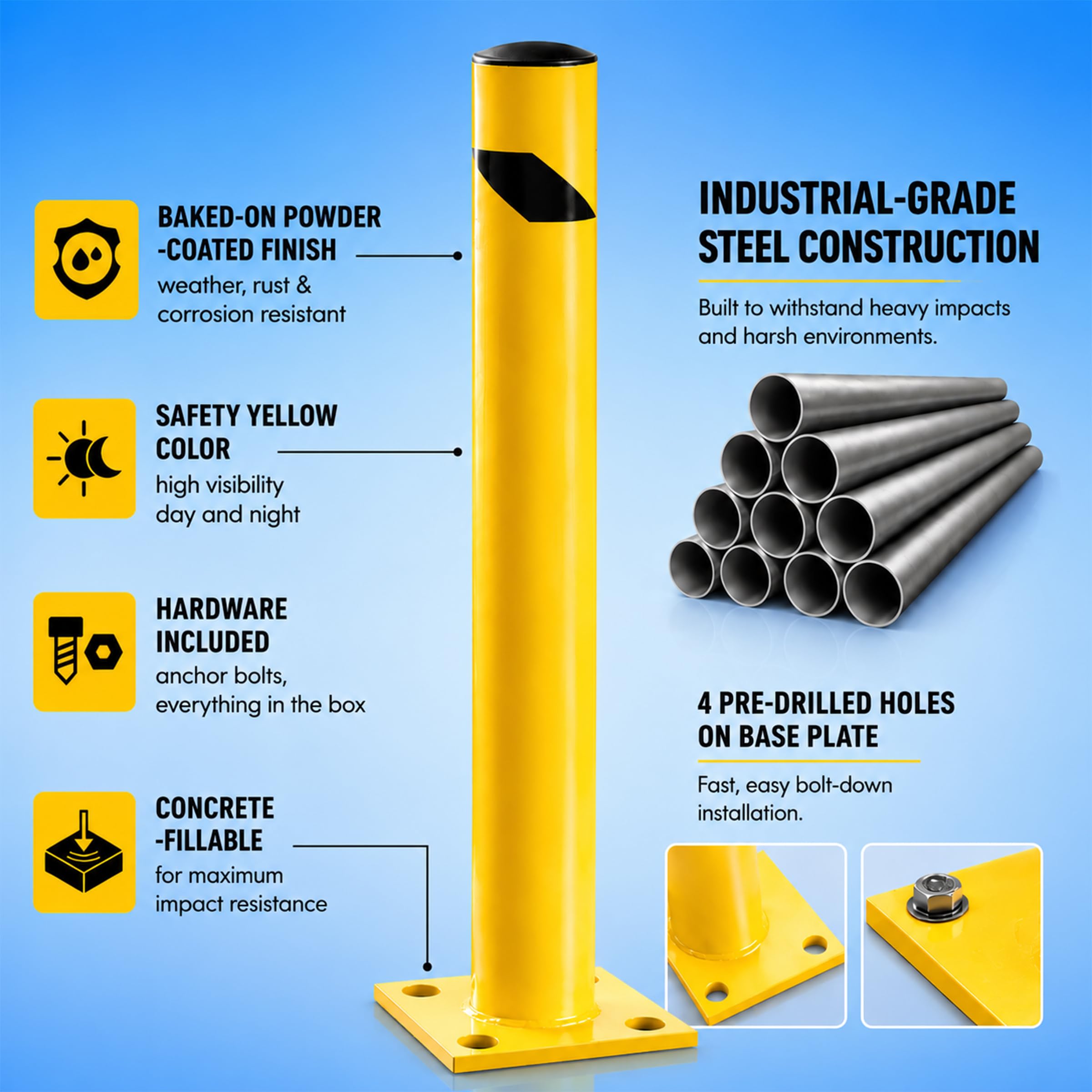 Crowd Control Warehouse Trafford Industrial Steel Bollards 24” Height, Safety Steel Post, Yellow Powder-Coated Finish Heavy Duty Fillable with Concrete, for Driveway Barrier, Parking Pole & Traffic