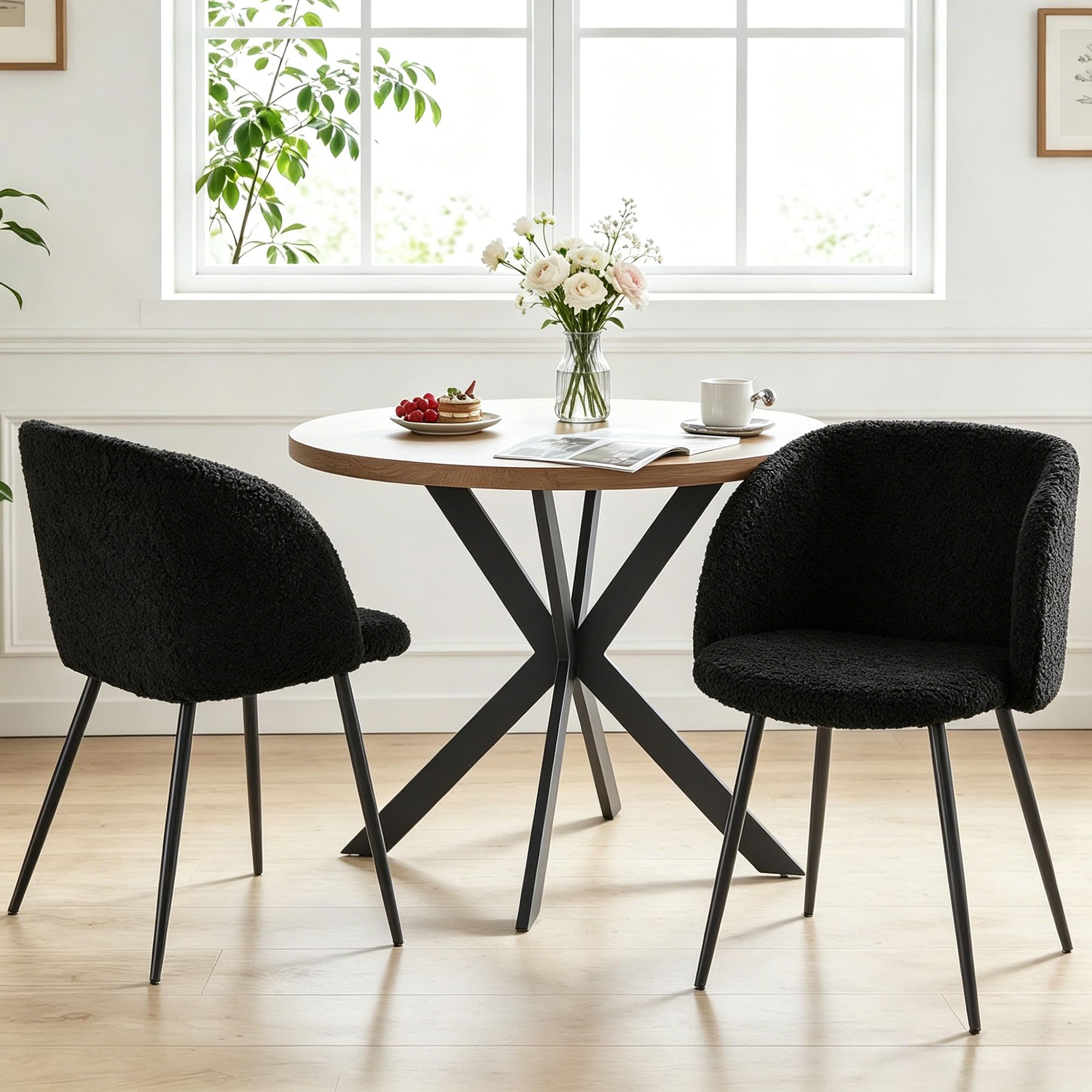 Homedot Dining Table Set for 2 with Black Dining Chairs, 3-Piece Compact Kitchen Table Set for Small Spaces, Rustic Brown Round Table Wooden with Upholstered Dining Side Chairs for Living Room