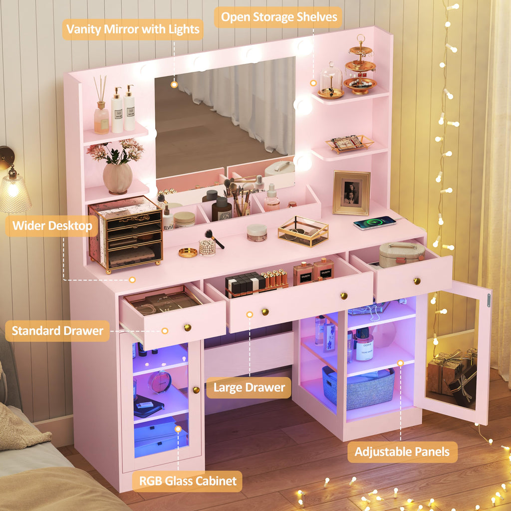 HUANLEGO Vanity Desk with Mirror and Lights, Makeup Vanity with Mirror and LED Lights & Power Outlet, 3 Drawers and Cabinets, 3 Lighting Modes Dressing Table Set for Girls Women Bedroom,Oak