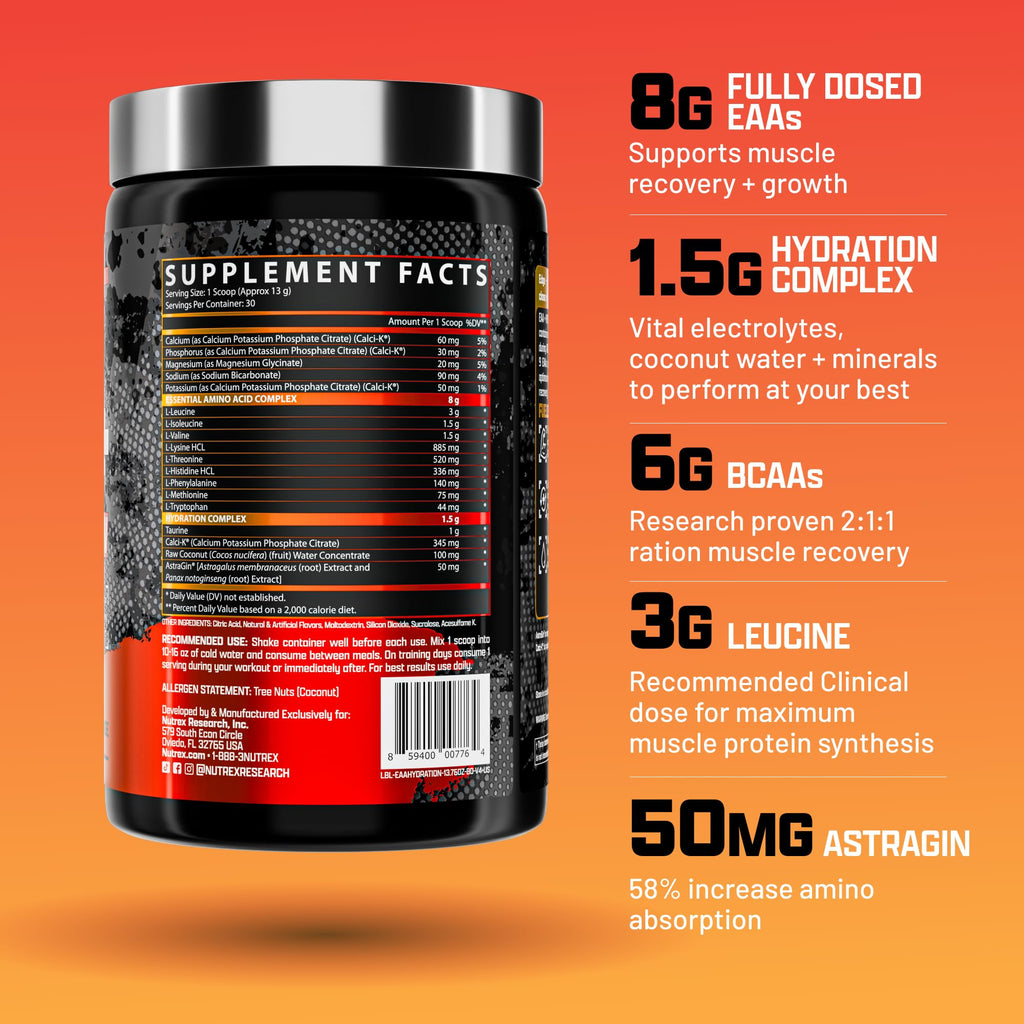 Nutrex Research EAA Hydration | EAAs + BCAAs Powder | Muscle Recovery, Strength, Muscle Building, Endurance | 8G Essential Amino Acids + Electrolytes | Apple Pear 30 Servings