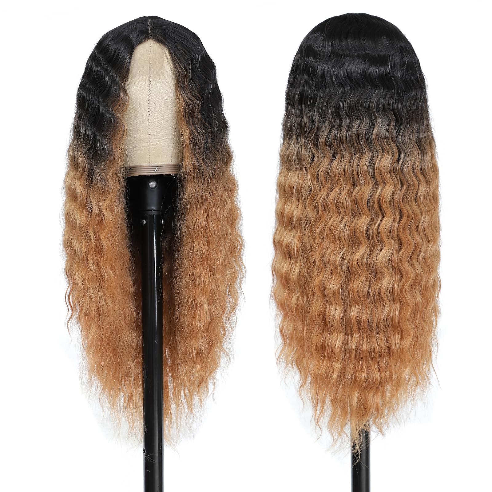 INSTASTYLE 30 Inch Synthetic Curly Wigs for Women Long Black Hair Wig Lace Front 4" Simulated Scalp Natural Loose Deep Wave Crimps Curls Wig As Hair Replacement Wigs 1B