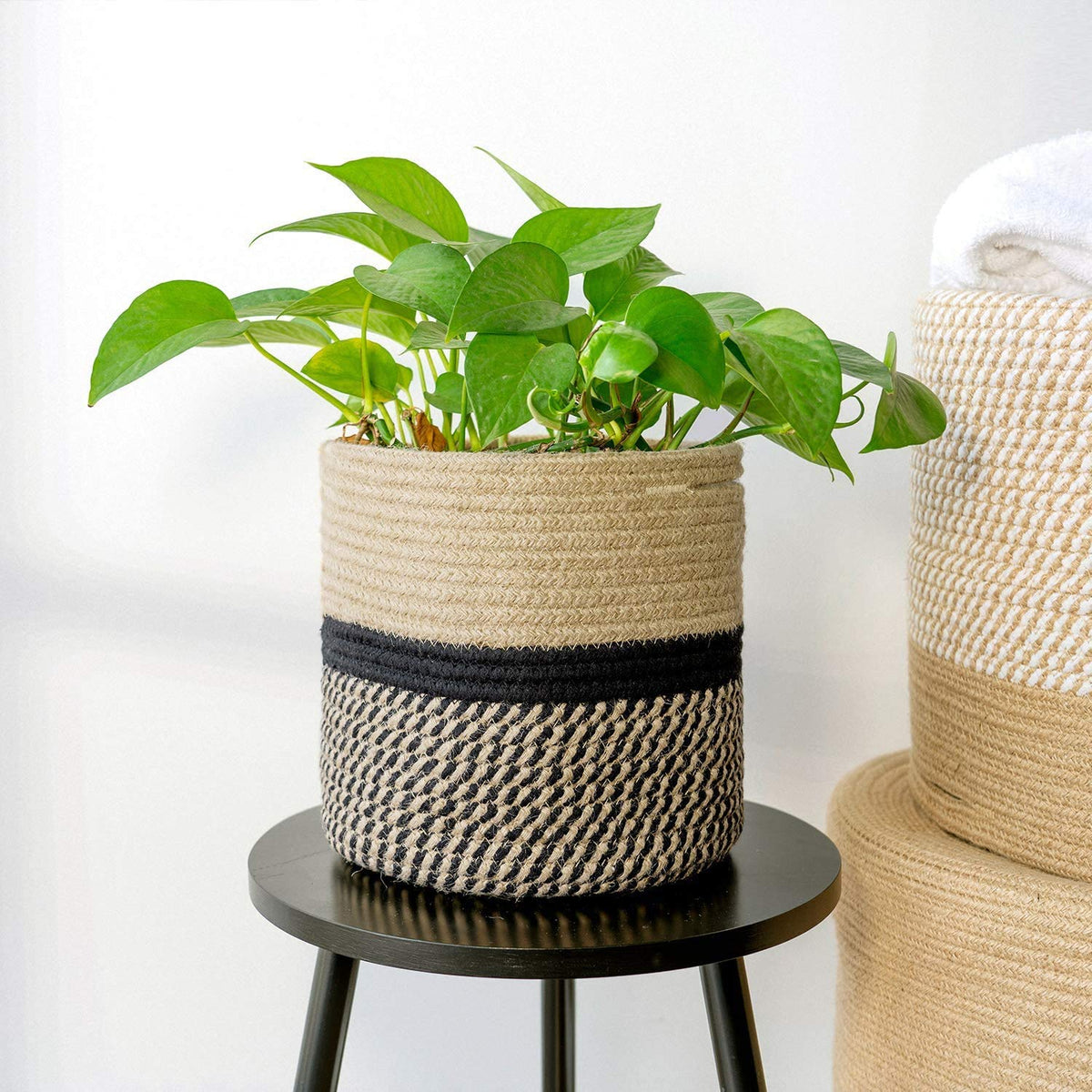 TIMEYARD Sturdy Jute Rope Plant Basket Modern Woven Basket up to 7.5 Inch Flower Pot Floor Indoor Planters, 8” x 8” Storage Organizer Baskets Rustic Home Decor, Black Stripes