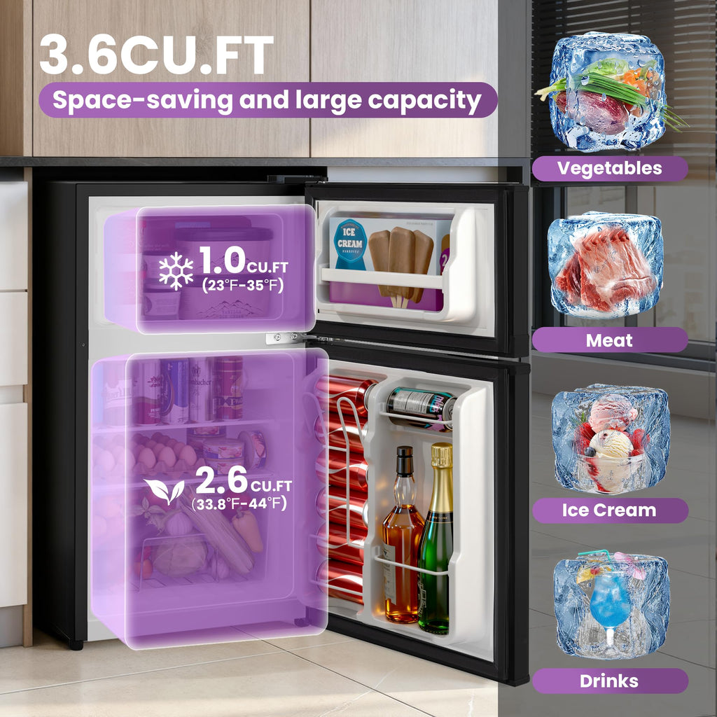 Tehanld 3.6 Cu.Ft Double Door Mini Fridge with Freezer, Compact Refrigerator with Removable Shelves, Low Noise Small Fridge for Dorm, Bedroom, Office and Apartment, Black