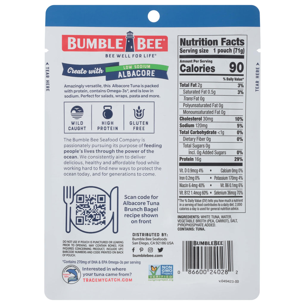 Bumble Bee Lemon & Garlic Seasoned White Albacore Tuna in Water, 2.5 oz Pouch - Wild Caught Tuna - 15g Protein per Serving, High in Omega-3s - Non-GMO, Gluten Free - No Draining Required