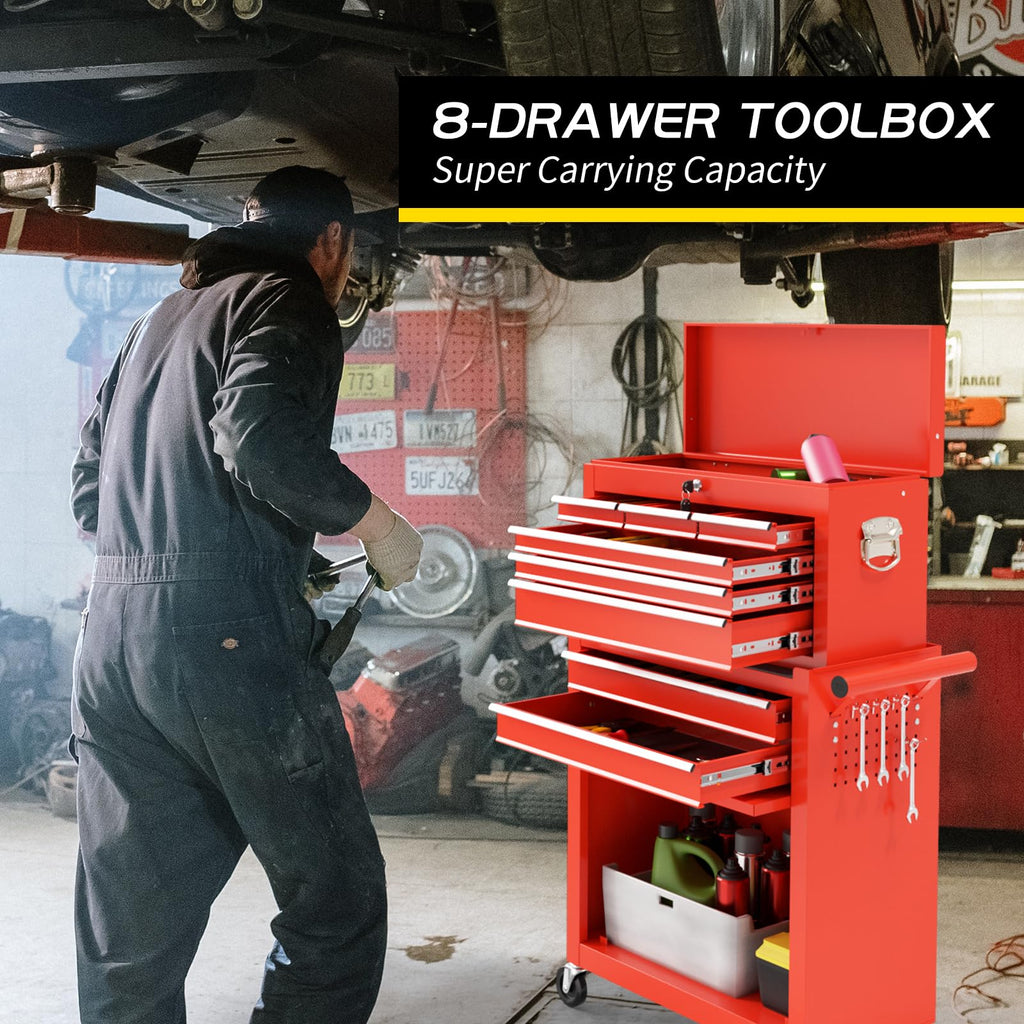 On Shine 8 Drawer Rolling Tool Chest, Large Capacity Rolling Tool Box with Wheels, Locking Mechanical Tool Chest, Portable Tool Box with Sliding Drawers for Garage Workshop and Tool Room (Black)