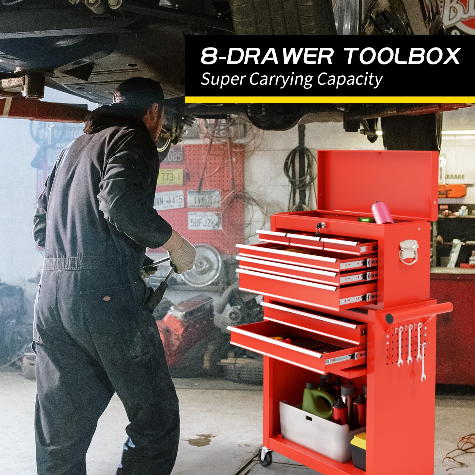 On Shine 8 Drawer Rolling Tool Chest, Large Capacity Rolling Tool Box with Wheels, Locking Mechanical Tool Chest, Portable Tool Box with Sliding Drawers for Garage Workshop and Tool Room (Black)