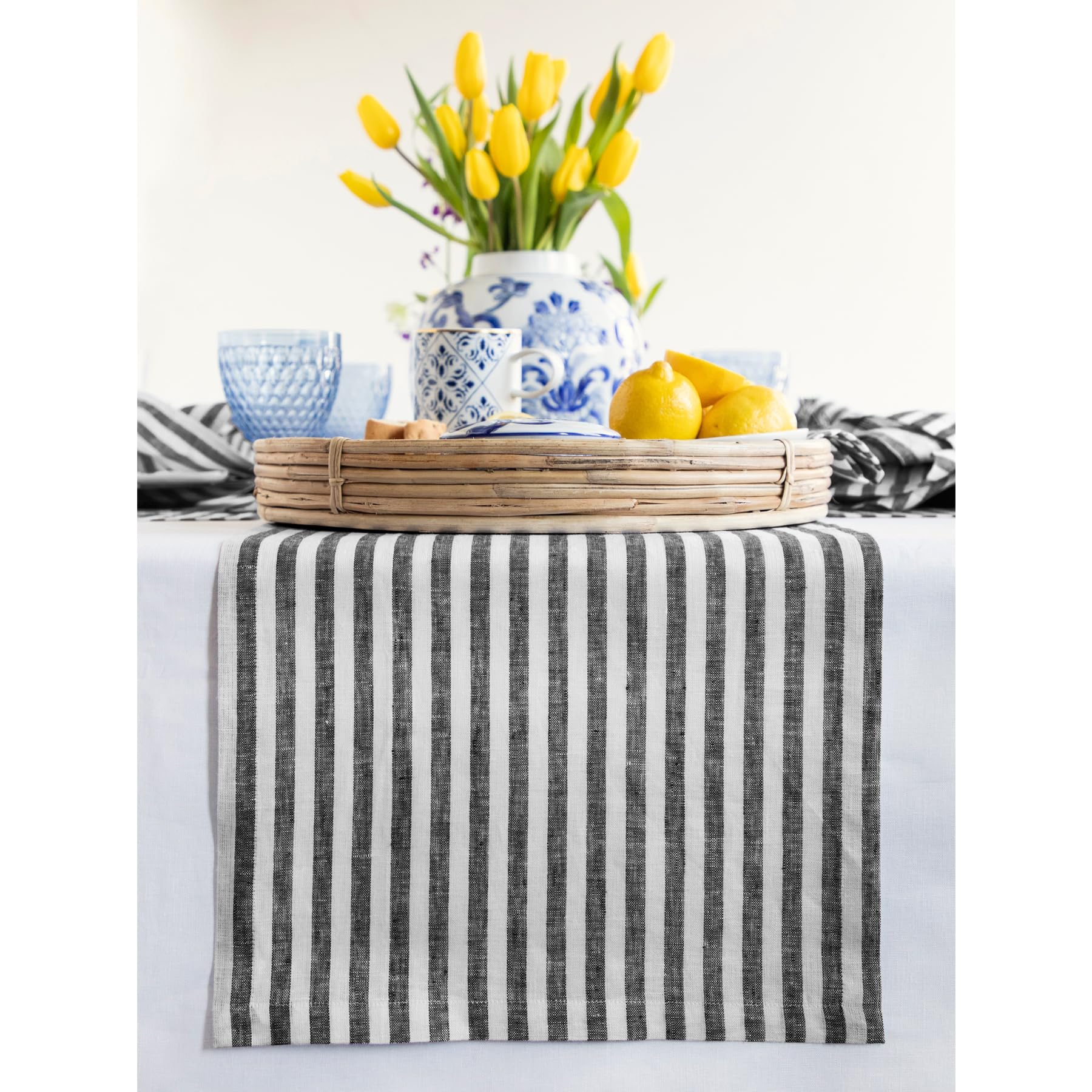 Solino Home Linen Table Runner 36 Inches - Amalfi Stripe 100% Pure Linen Natural and White Table Runner 14 x 36 Inch Ideal for Dresser and Coffee Tables - Summer