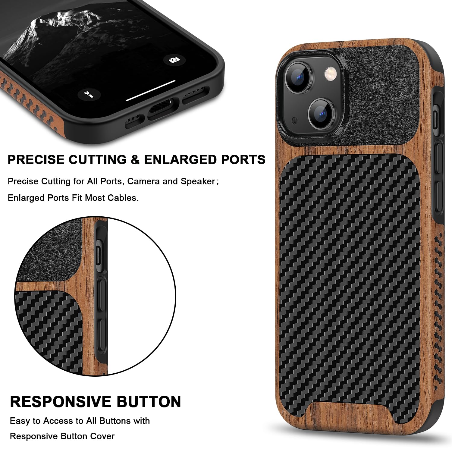 TENDLIN Compatible with iPhone 15 Case Wood Grain with Carbon Fiber Texture Design Leather Hybrid Slim Case (Black)