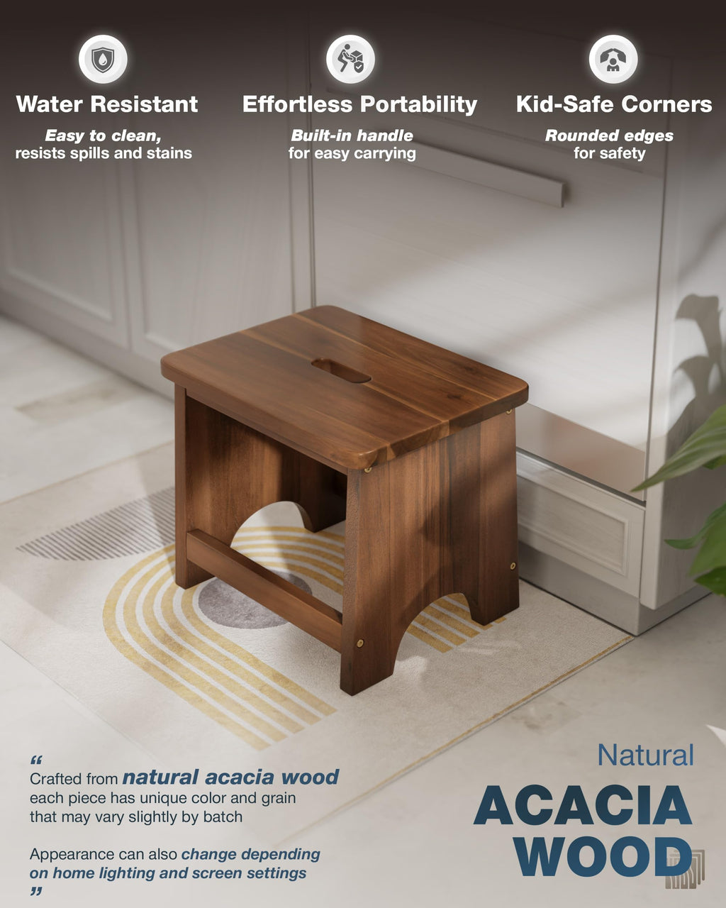 FANATU 13'' Wooden Step Stool, One Step Stool for Adults, Wooden Beside Step Stool with 550 Load Capacity (Acacia, 6.3 in – Metal Legs)