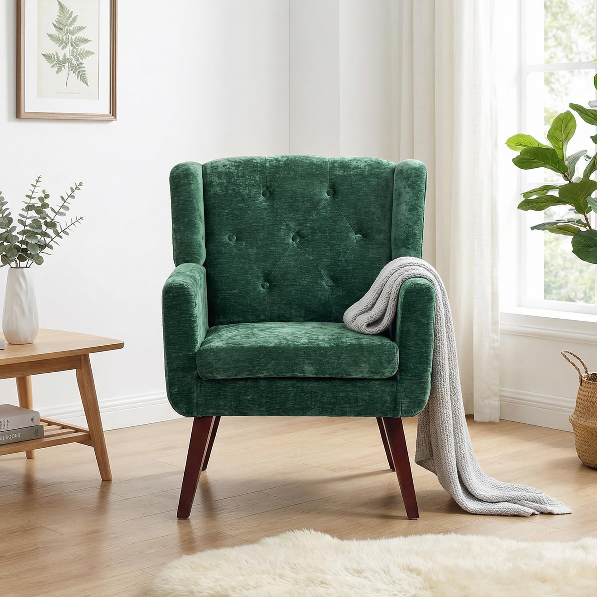 Living&Giving Accent Chair Button-Tufted Upholstered Living Room Chairs Comfy Reading Mid Century Modern with Linen Fabric Lounge Arm for Bedroom (Beige) 29.33D x 28.94W x 34.65H Inch