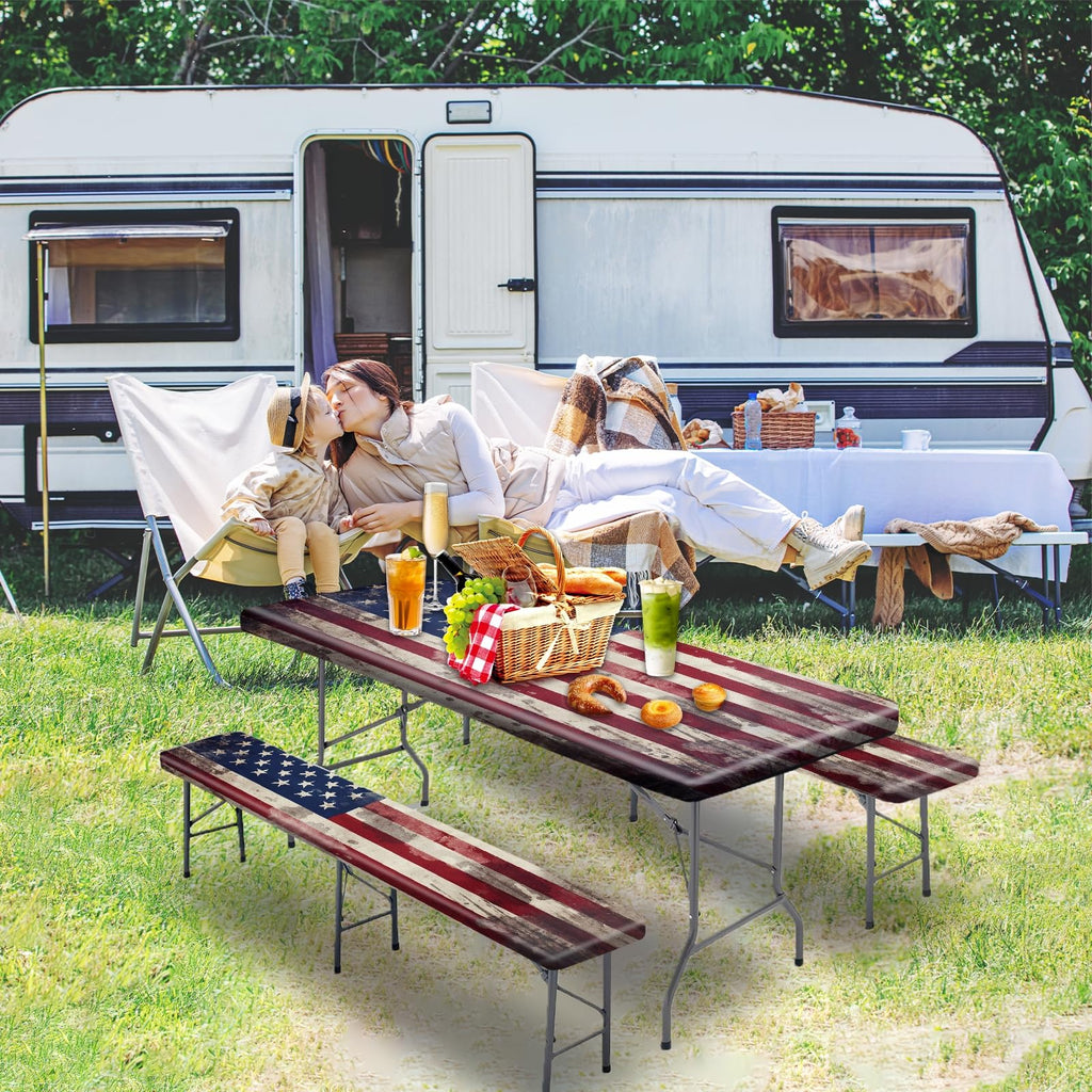 Park Picnic Table Cover with Bench Covers Lightweight Camping Essentials, Oil-Proof Waterproof 3PCS Tablecloth with Elastic, Fitted for Table 6FT Rectangle and Seats, American Flag Eagle (72x30in)