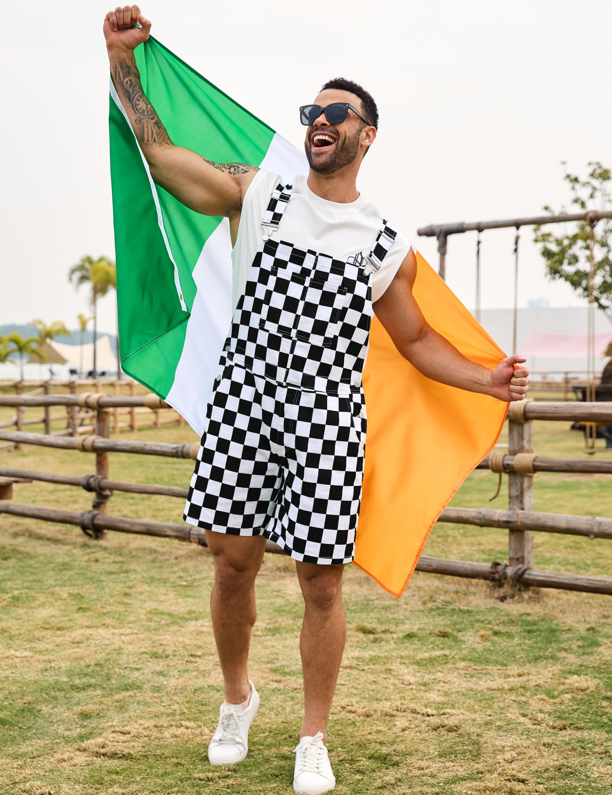 Odefou Checkered Bib Overalls for Men Jumpsuit Shorts Work Coveralls