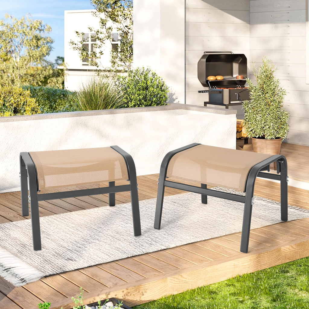 ONBRILL Outdoor Ottoman Set of 2, All Weather Outdoor Foot Stool with Supportive Textliene and Metal Frame, Stackable Oversized Outdoor Foot Rest for Furniture Patio Garden Pool, Beige