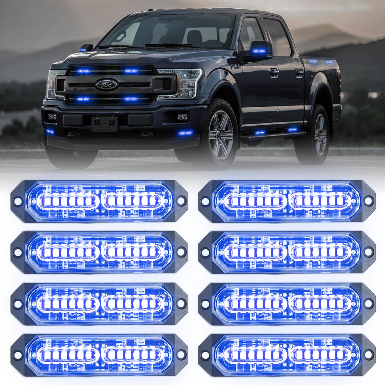 8-Pcs 12 LED Sync Feature Emergency Strobe Grille Lights Ultra Slim Surface Mount Hazard Warning Flashing Light Bar for Firefighter/Construction/Police/Trucks/Vehicles/Car/SUV (Amber/White)
