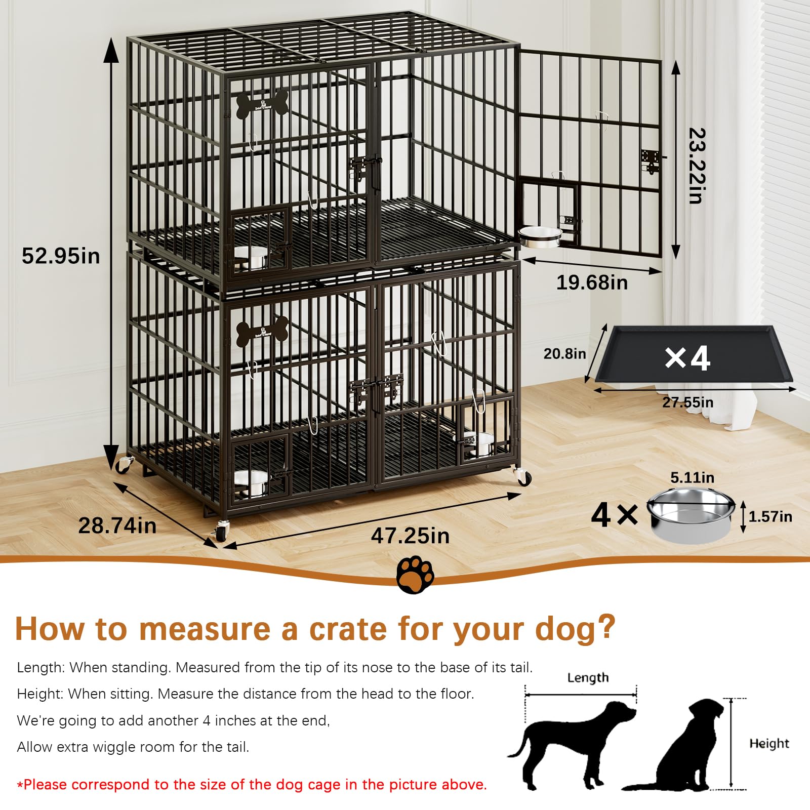 Dosker 42 inch Heavy Duty Metal Dog Crate with Divider for 2 Dogs/Large Dog, All Metal Open Top Escape Proof Cage, Indoor Dog Kennel with Wheels, Floor Grid, Tray, Feeding Bowl