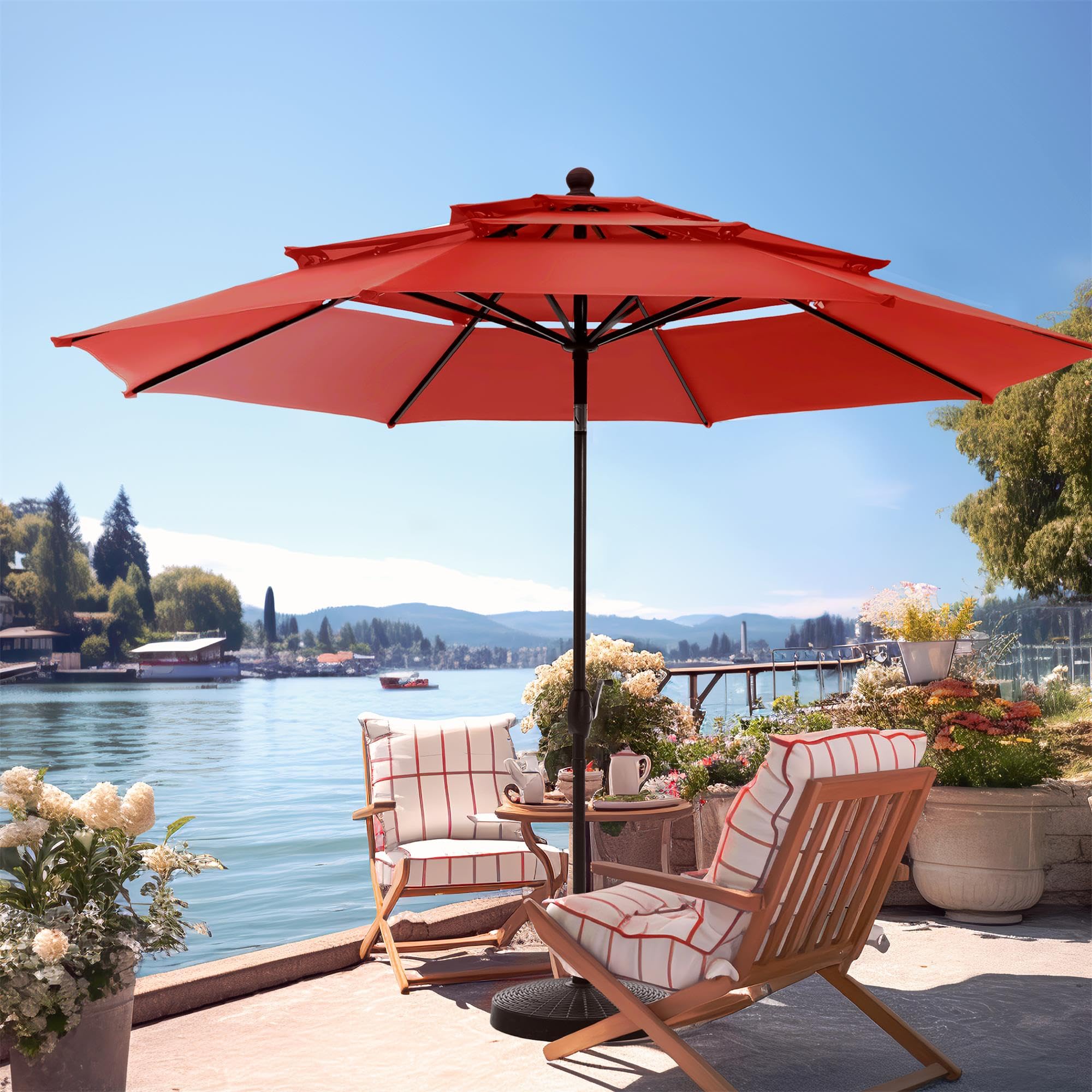 PHI VILLA 10ft Patio Umbrellas, Outdoor 3 Tier Vented Large Market Table Umbrella with 8 Sturdy Ribs and 1.5" Umbrellla Pole for Lawn Poolside Garden Terrace, Beige(No Base)