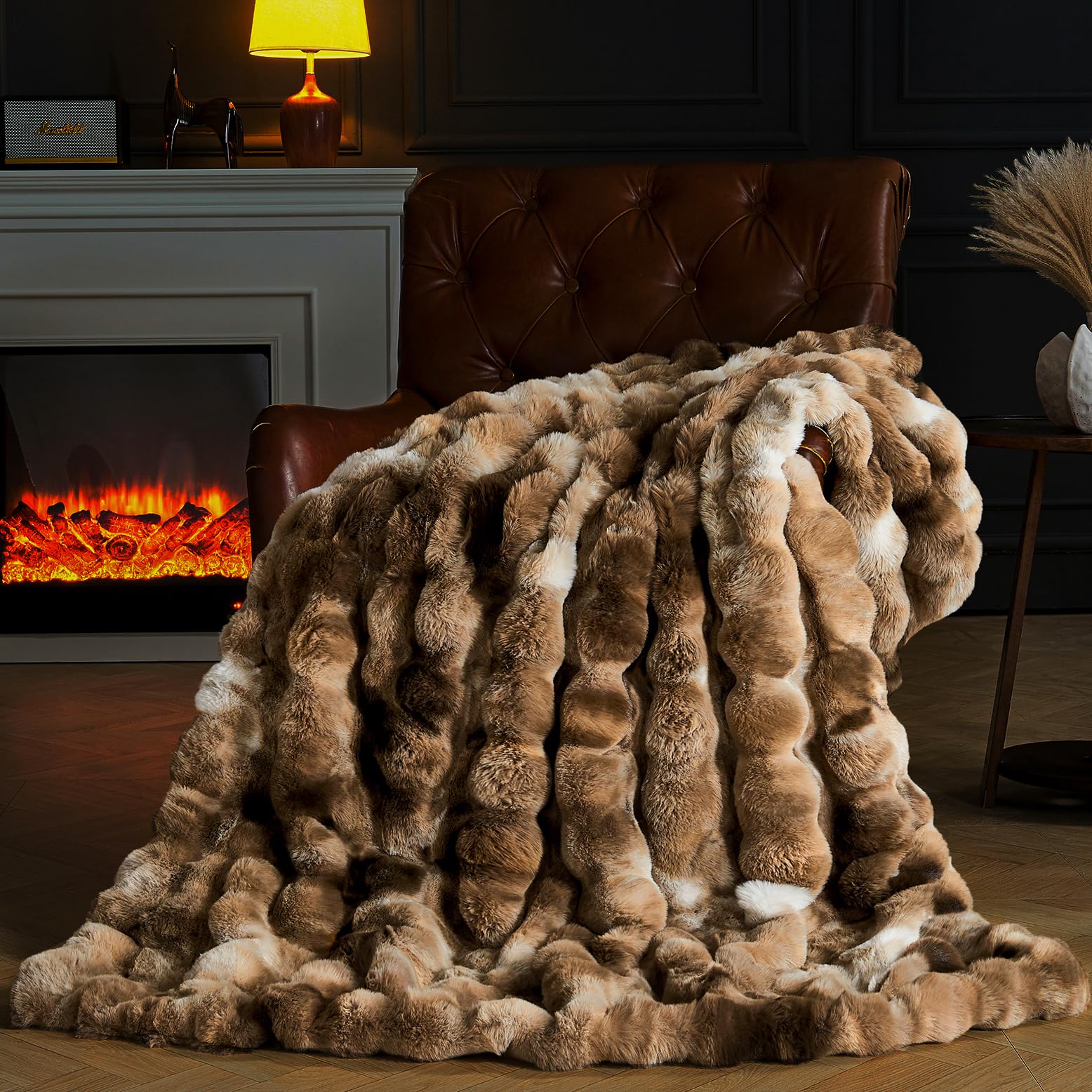 Faux Fur Throw Blanket for Couch, Fluffy Fuzzy Plush Bubble Blanket, Soft Warm Cozy Shaggy Rabbit Blanket, Luxury Decorative Gifts for Sofa Bedroom Living Room, 60x50inch (Beige)