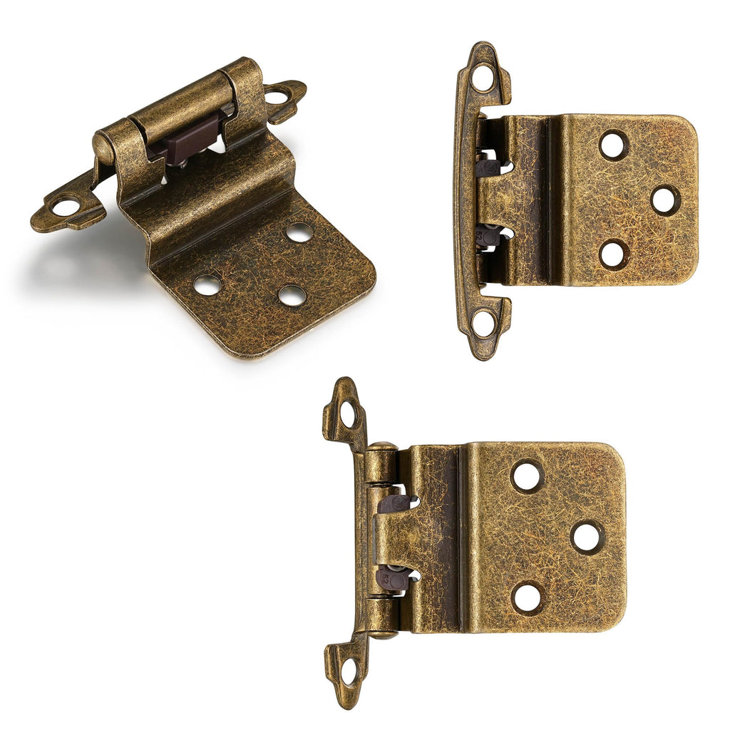 4 Pack (2 Pairs) Antique Brass Self Closing Cabinet Hinges for Kitchen Cabinet Door, 1/2" Overlay (Variable) Semi Concealed Kitchen Cabinet Hinges