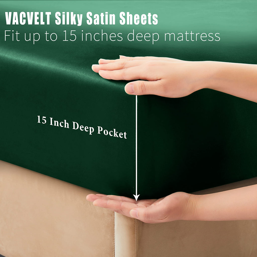 VACVELT 3pcs Beige Satin Sheets Twin Size Bed Set, 15 Inch Deep Pocket Silky Satin Sheet Set, Soft Satin Bedding Set Cooling & Luxury Bed Sheets, 1 Fitted Sheet + 1 Flat Sheet + 1 Pillowcase