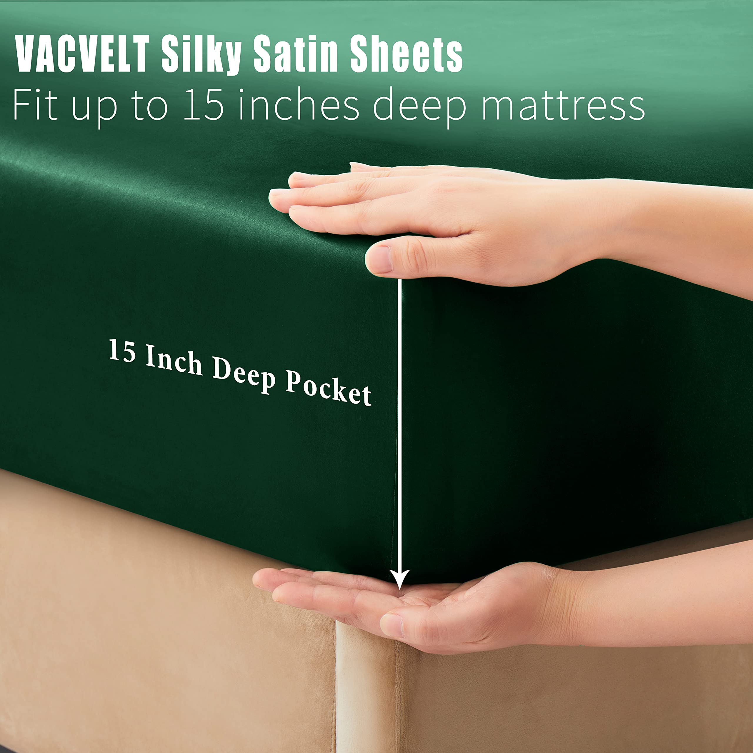 VACVELT 3pcs Beige Satin Sheets Twin Size Bed Set, 15 Inch Deep Pocket Silky Satin Sheet Set, Soft Satin Bedding Set Cooling & Luxury Bed Sheets, 1 Fitted Sheet + 1 Flat Sheet + 1 Pillowcase