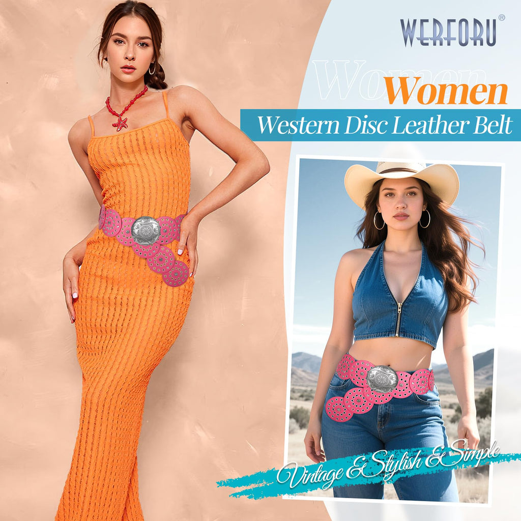 WERFORU Women Vintage Leather Belt Western Disc Waist Belts Ladies Western Belt Boho Belt for Dress Jean-
