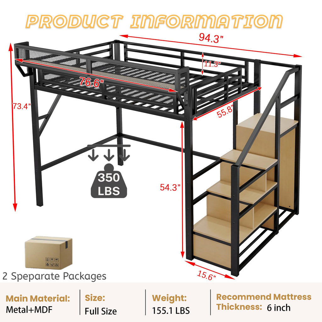 Mirightone Full Size Loft Bed with Stairs, Metal Loft Beds, High Loft Bed Frame with Storage Shelves, Lofted Full Bed with Wardrobe for Kids and Teens, No Box Spring Needed (Black)