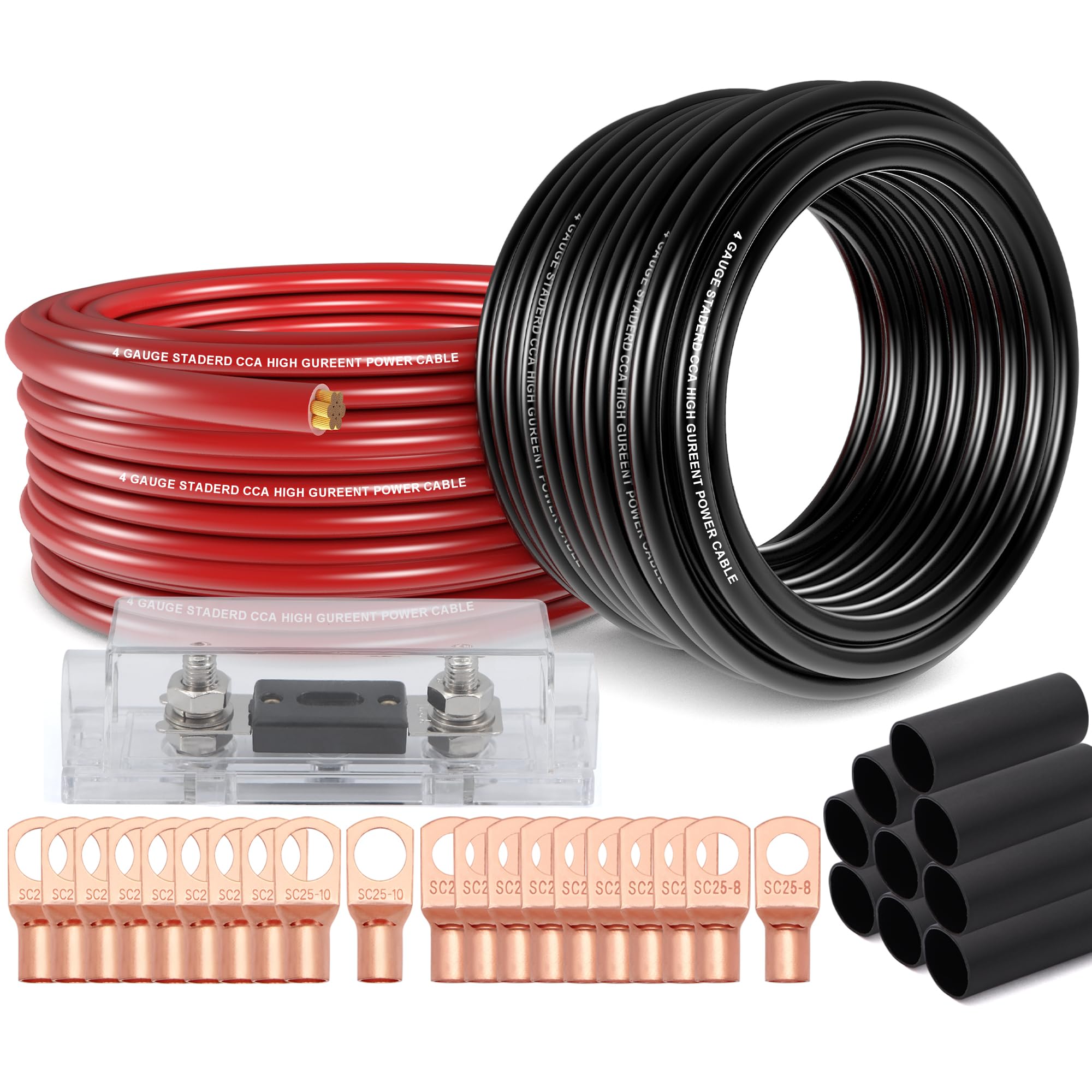 4 Gauge Wire (50ft Each - Red/Black) Copper Clad Aluminum CCA with Cable Cutter,Lugs Terminal Connectors and Heat Shrink Tube - Battery Power/Ground Cable,Car Audio Speaker,RV Trailer Amp Wiring kit