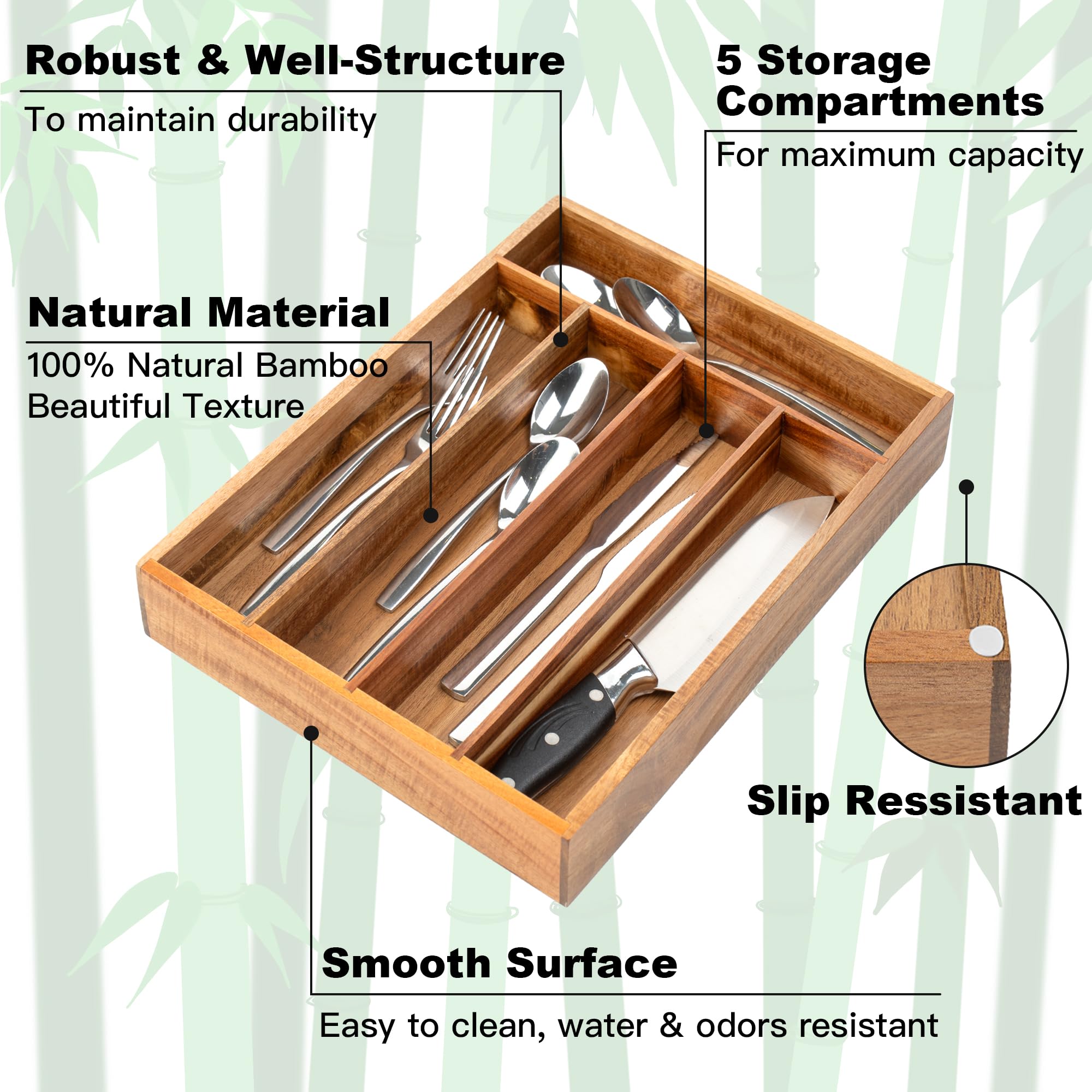 Acacia 4 Slot Silverware Drawer Organizer - Cutlery Holder with Flatware Tray