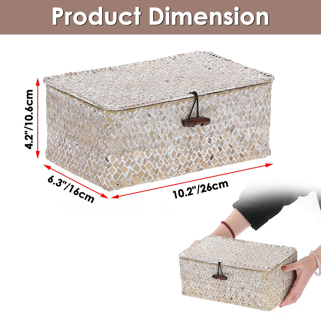 Sumnacon Wicker Basket with Lid Rectangle Woven Baskets for Toiletries Tampon Storage,Wicker Storage Basket with Lid,Decorative Seagrass Storage Baskets for Shelf Bathroom Toilet Table, Caramel