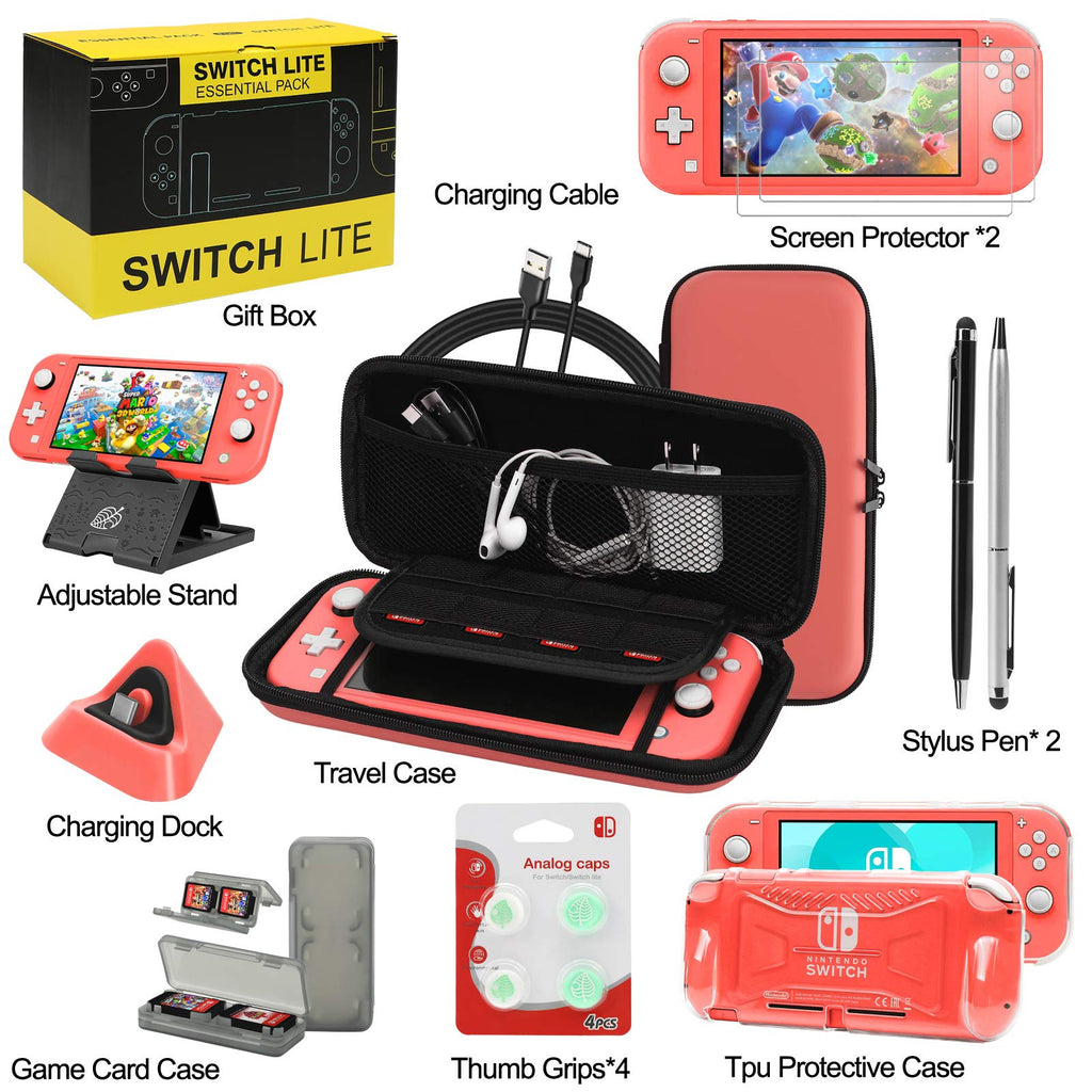 Switch Lite Accessories Bundle, Kit with Carrying Case,TPU Case Cover with Screen Protector,Charging Dock,Playstand, Game Card Case, USB Cable, Stylus,Thumb Grip Caps for Nintendo Switch Lite (Black)