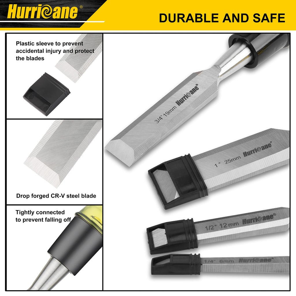 HURRICANE 4 Piece Wood Chisel Set for Woodworking. CR-V Steel Beveled Edge Blades with Safety Caps. Extra Large Grip, Impact-Resistant PVC Handle Chisels (1/4", 1/2", 3/4", 1")