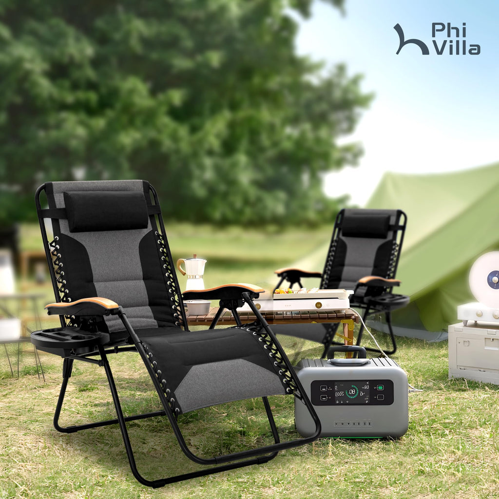 PHI VILLA XXL Oversized Padded Zero Gravity Chair Set of 2, Foldable Patio Recliner, 30" Wide Seat Anti Gravity Lounger with Armrest and Cup Holder, Support 400 LBS (Aqua Blue)