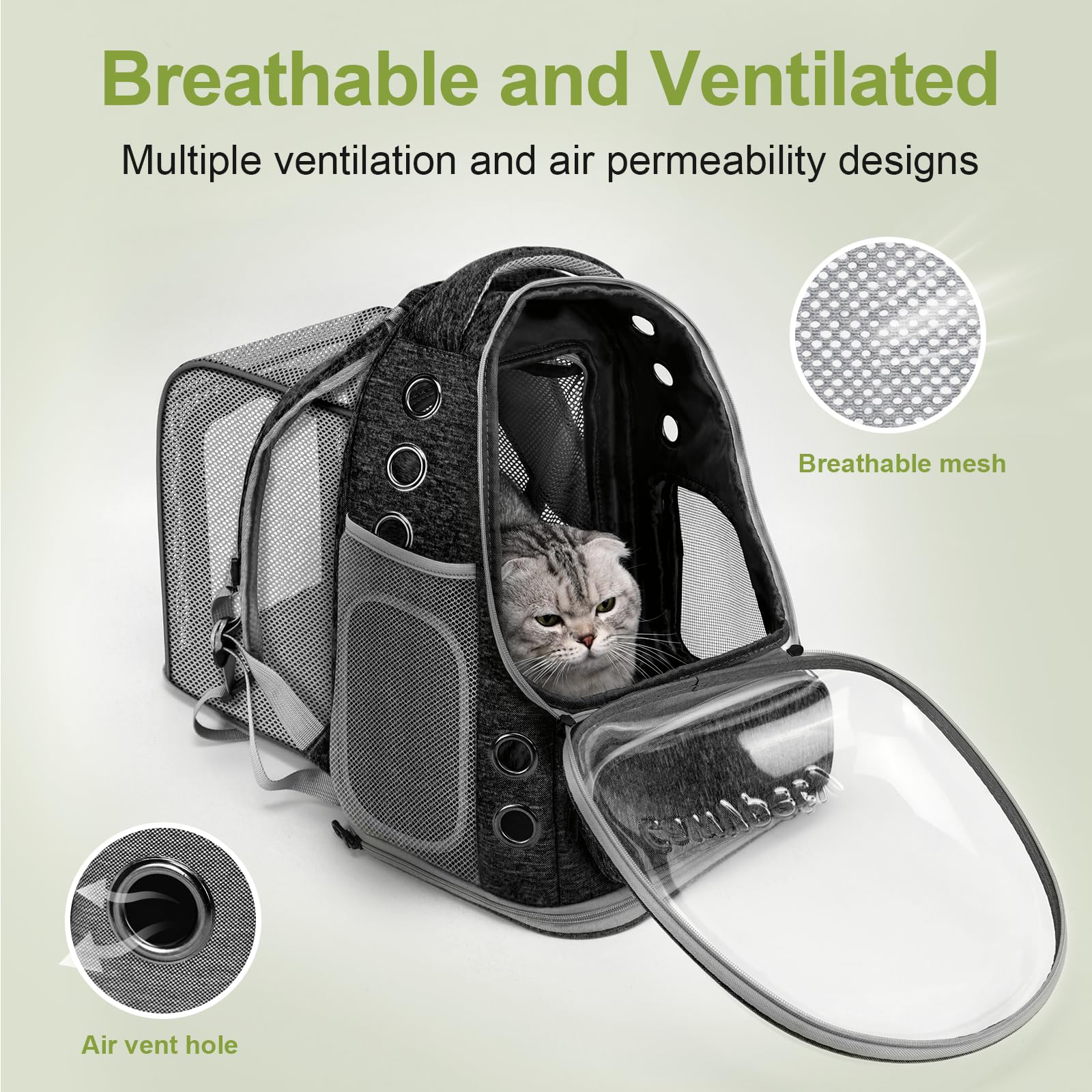 Cawypety Cat Backpack Carrier, Breathable Cat Carrier Large Space Bubble Pet Backpack for Kitty Small Dog up to 12lbs, Transparent & Foldable Pet Carrier for Travel Hiking (Black