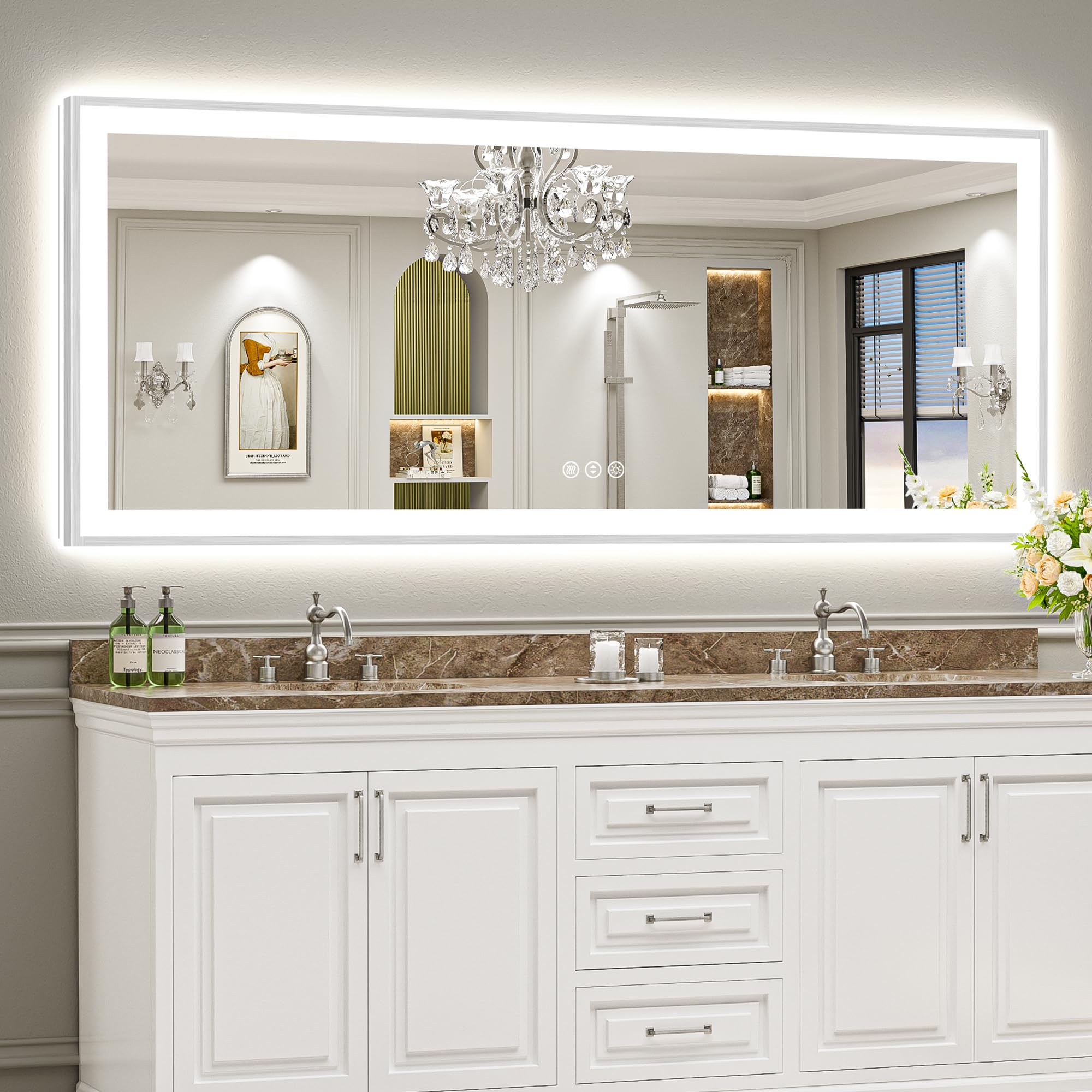 24x32 Black Framed LED Bathroom Mirror with Lights, Backlit and Front Lit Anti-Fog Lighted Vanity Mirrors for Bathroom Wall, Dimmable, 3 Colors, Memory, HD Tempered Glass, Horizontal/Vertical