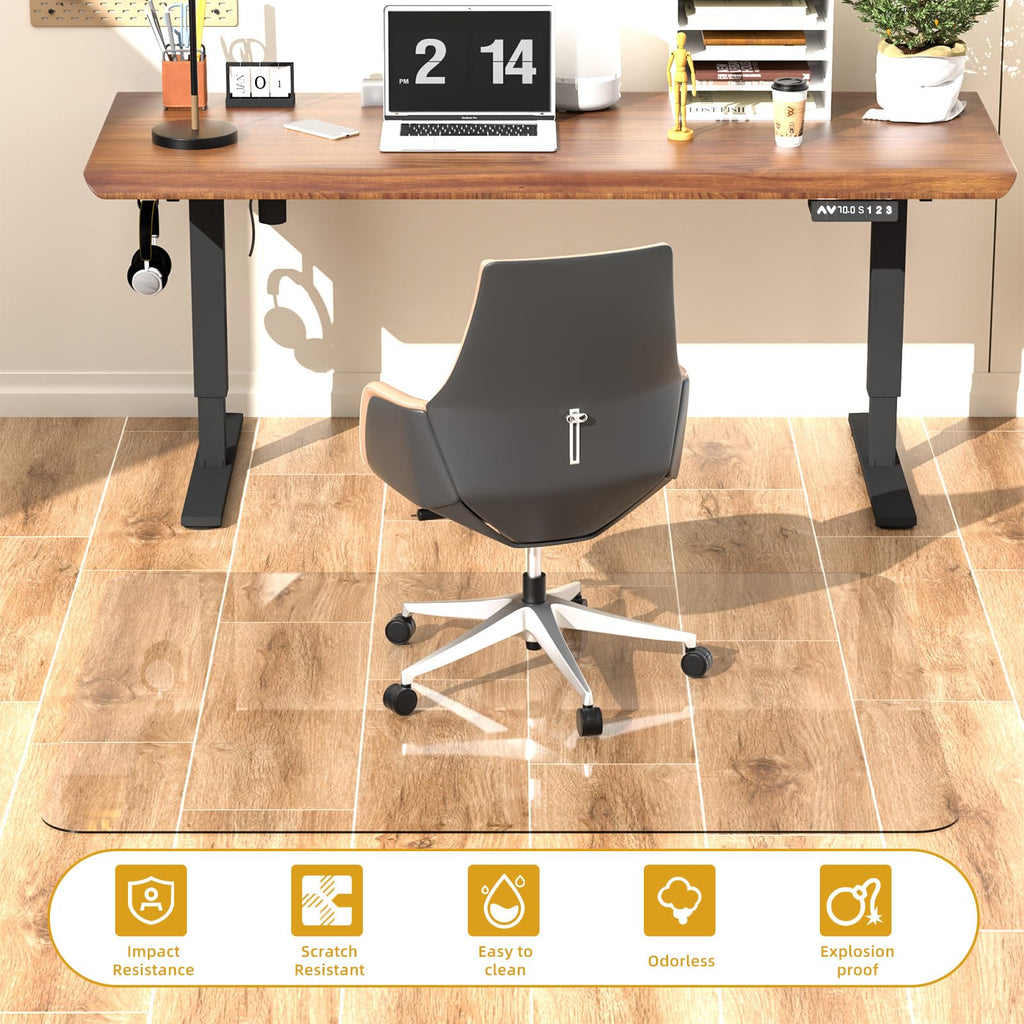 Tempered Glass Chair Mat 48" x 32",1/5" Thick for Office Desk,Rolling Chair Mat for Carpet, Odorless, Easy to Clean with 4 Non-Slip Pads for Carpet & Hardwood Floors