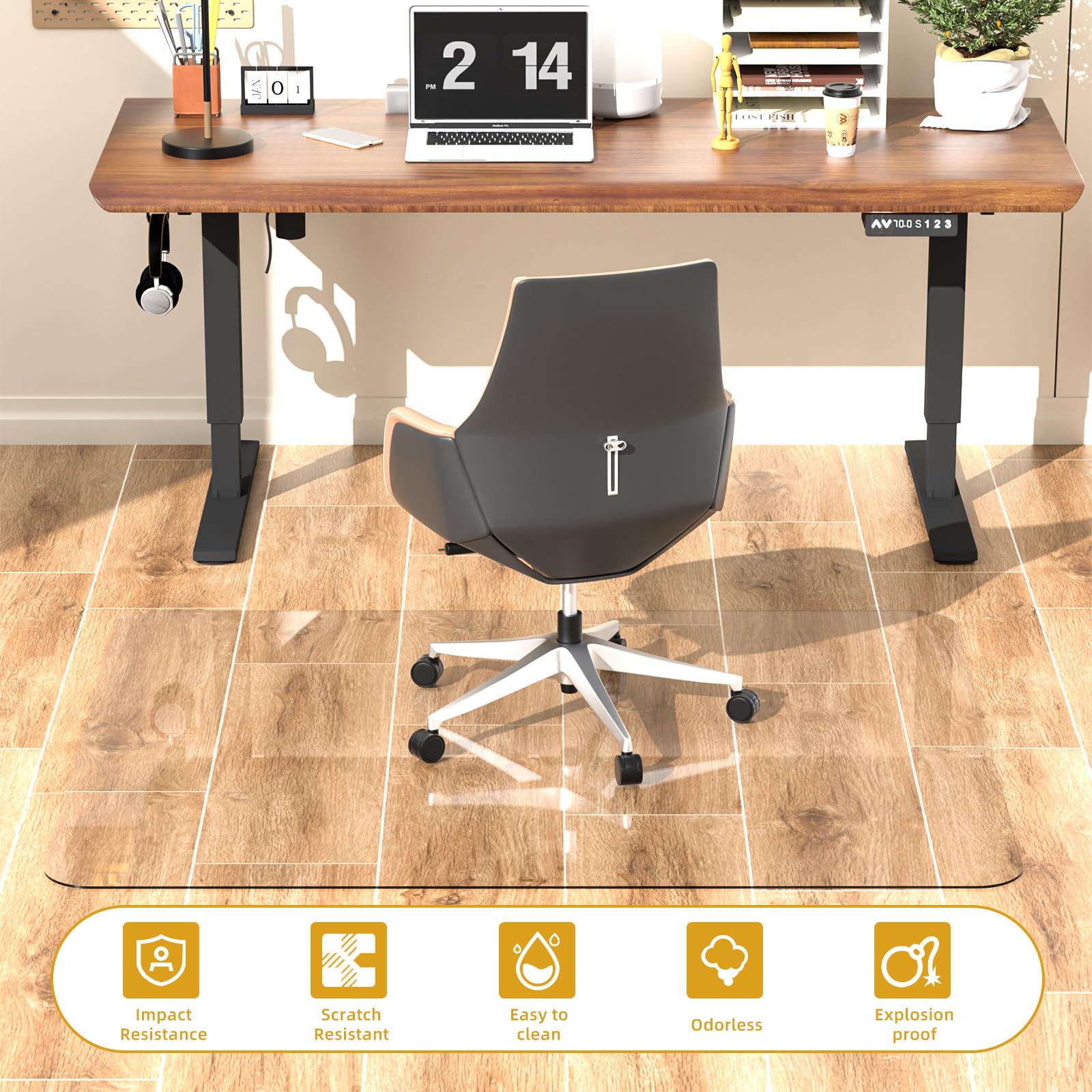 Tempered Glass Chair Mat 48" x 32",1/5" Thick for Office Desk,Rolling Chair Mat for Carpet, Odorless, Easy to Clean with 4 Non-Slip Pads for Carpet & Hardwood Floors
