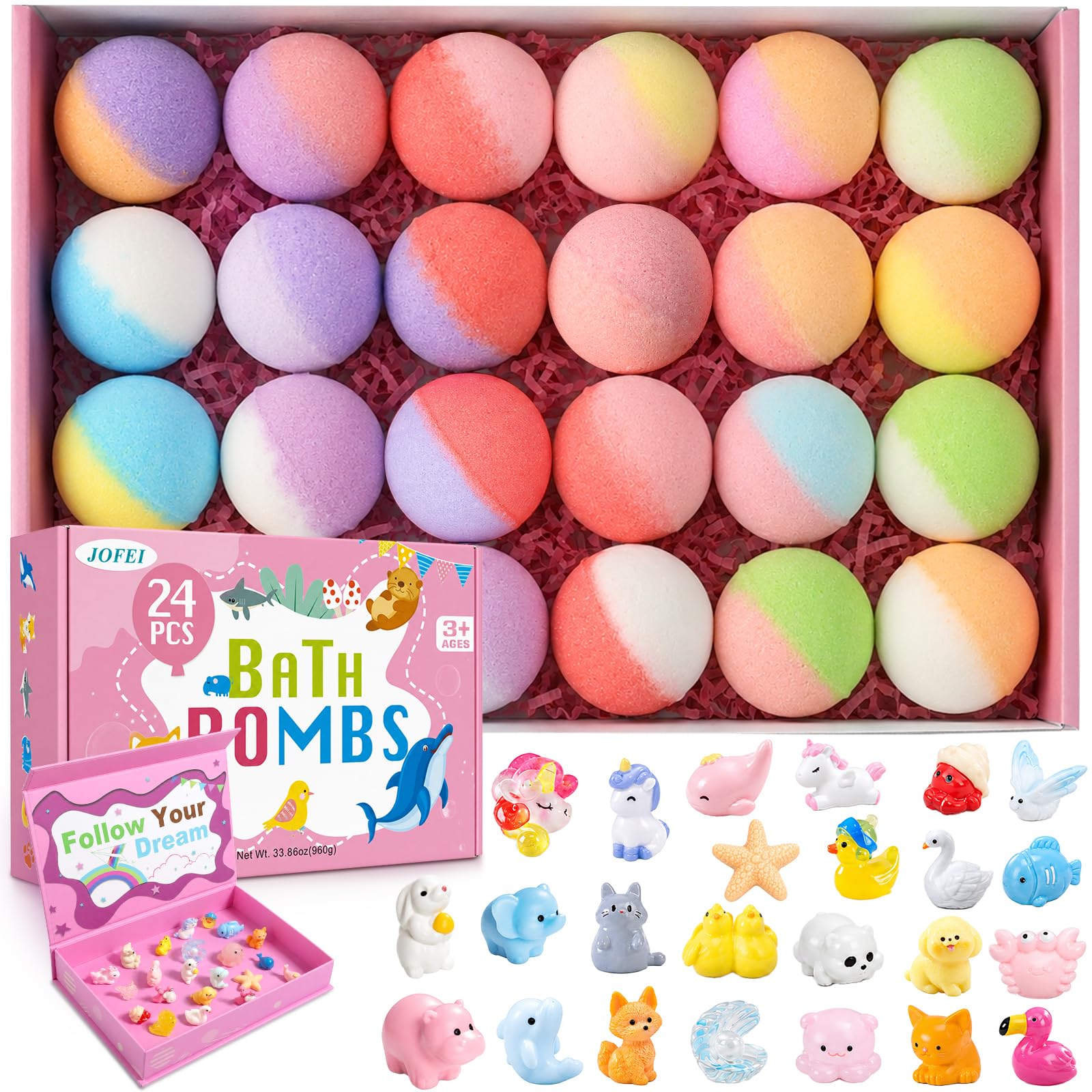 Bath Bombs for Kids with Surprise Inside, 24 Pack Kids Bath Bombs with Toys Inside Gift Set, Kid Bubble Bath Fizzy for Girls Boys with Bath Toys (Classic Edition)