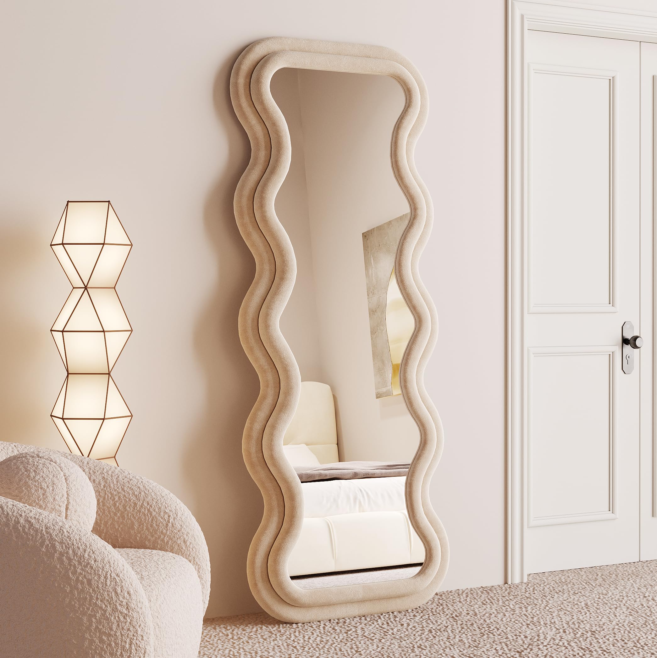 BOJOY Full Length Mirror, 63" x 24" Wall Mirror, Flannel Wrapped Wooden Frame Floor Mirror, Irregular Wavy Mirror Hanging or Leaning Against Wall for Cloakroom/Bedroom/Living Room, Black