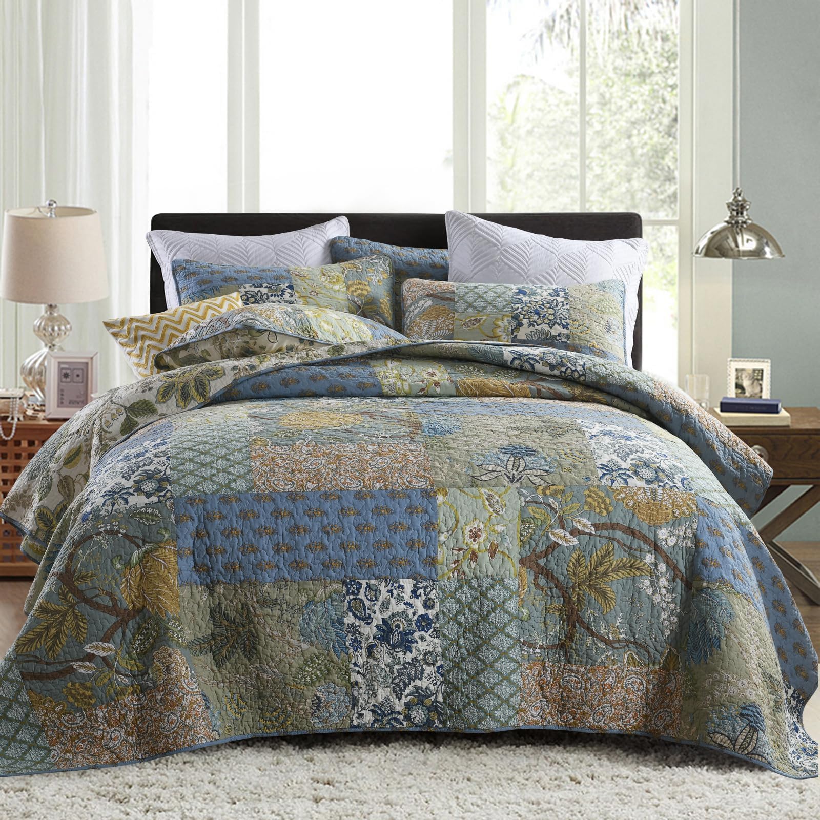 Secgo Twin Comforter Set for Bed - 100% Cotton Quilts Twin Size, Black Bedspreads with 2 Pillow Shams, Patchwork Reversible Lightweight Bedding