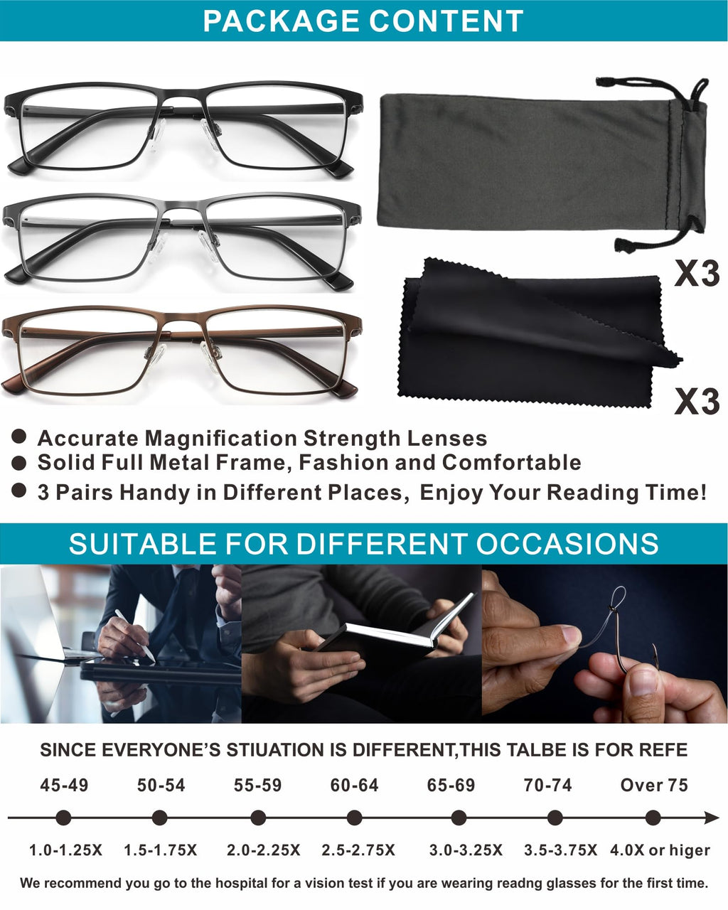 acavefox 3 Pack Blue Light Blocking Reading Glasses Men's Readers 1.0-4.0 | Accurate 1.0 Magnification, Anti UV, Lightweight and Sturdy, Metal Full Frame, Spring Hinge Eyeglasses