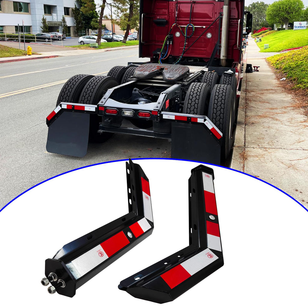 Black Angled Spring Loaded Mud Flap Hanger Bracket Mudflap Holder Set 1-1/8" Bolt Spacing 30" Length with Reflective Tapes fit for Semi Trucks, 2 Pack