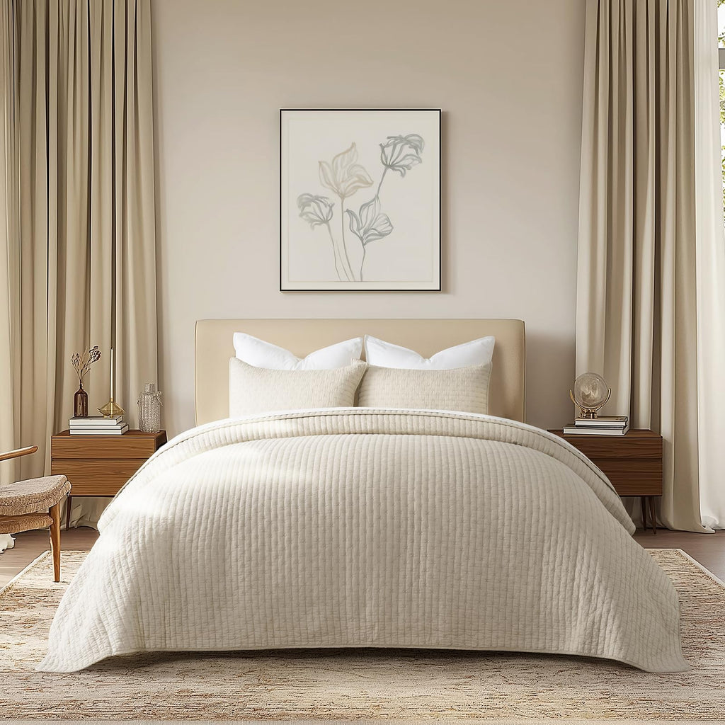 EVERGRACE Cotton Border Frame Tack-Stitch Quilt Bedding Set Queen Size, Coastal Oversized 3 Pieces Lightweight Bedspread Coverlet for All Season, with 2 Matching Shams, Blue Linen