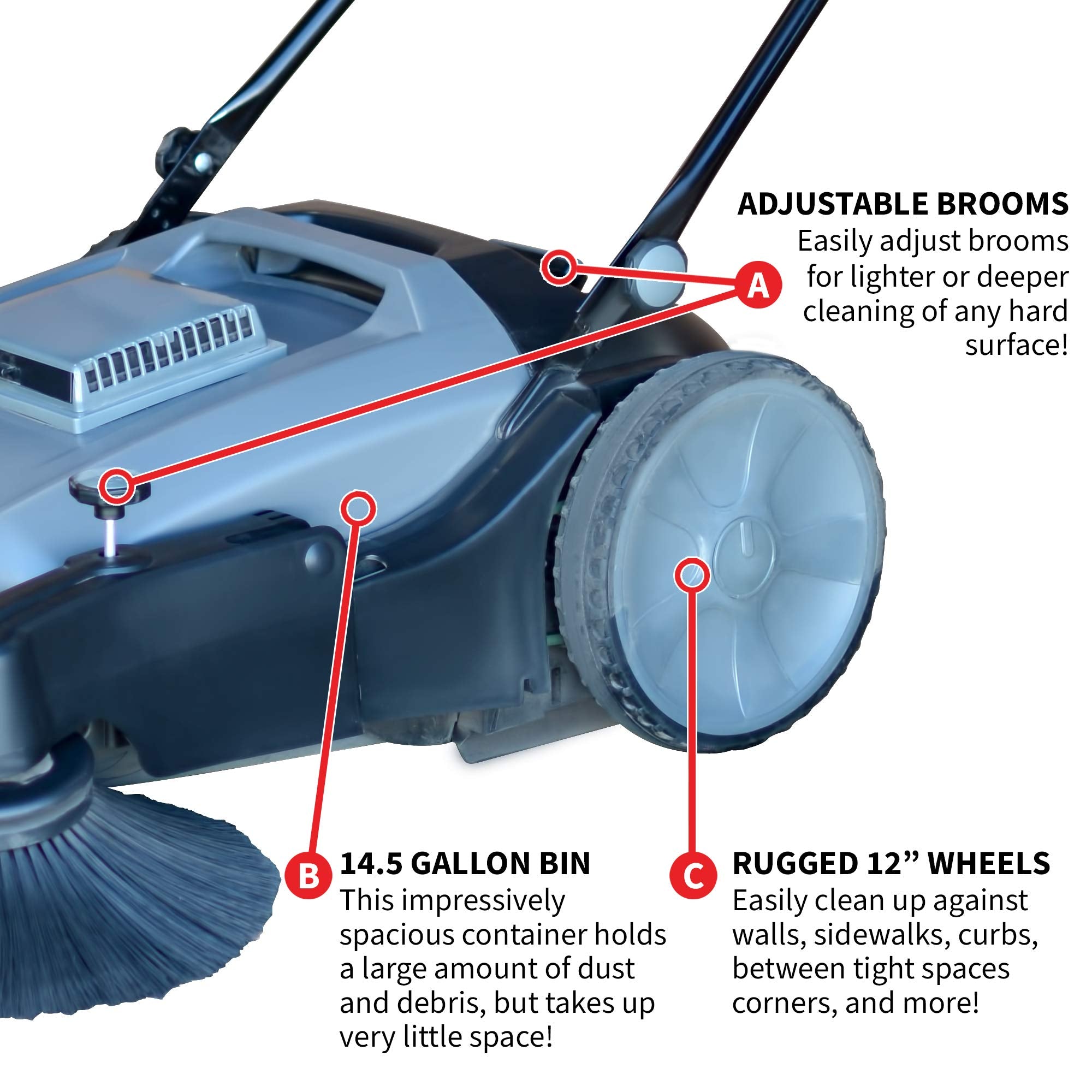 Tomahawk Industrial 38" Walk Behind Push Sweeper with Triple Power Side Brooms Floor Cleaning of Dust Litter Grass