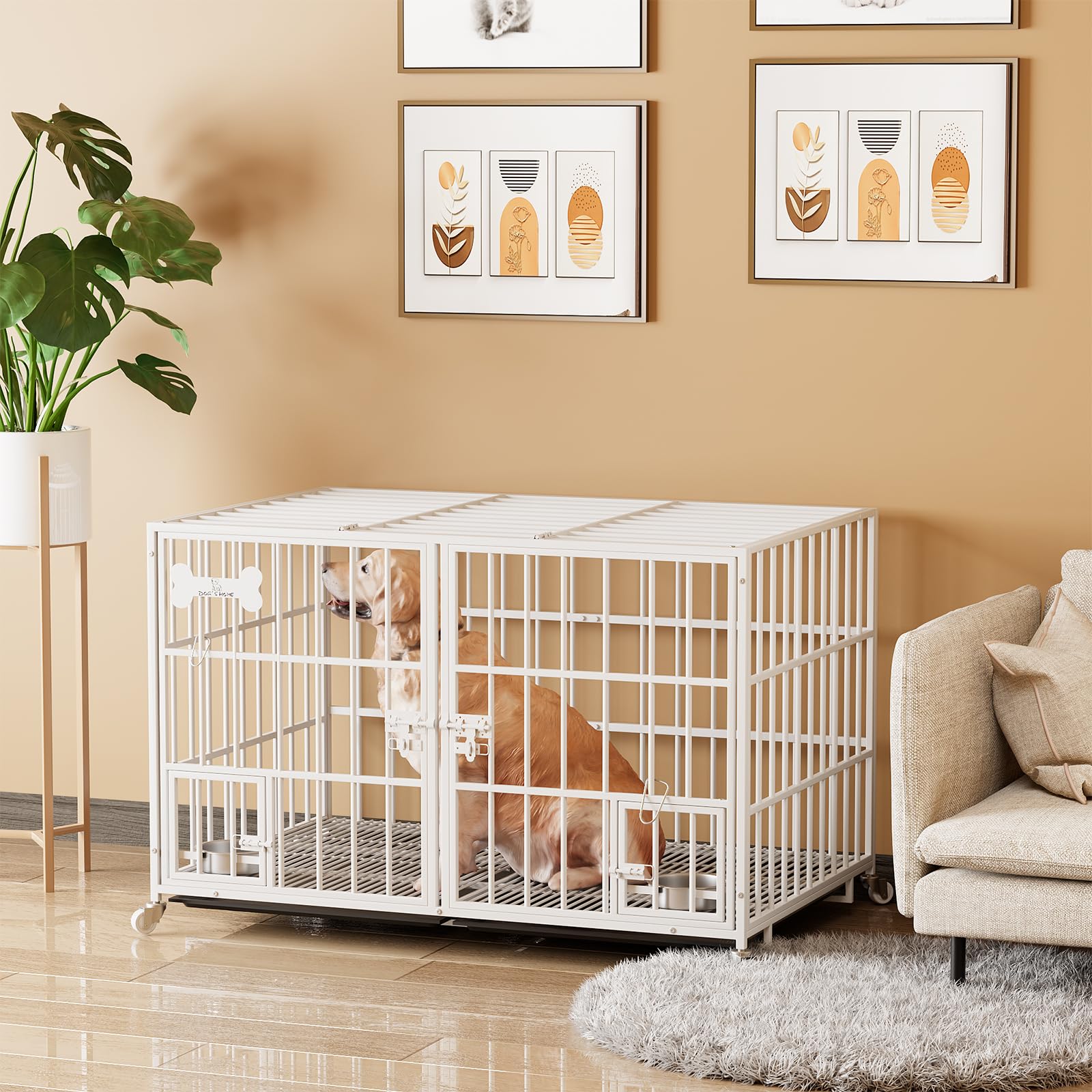 Dosker 42 inch Heavy Duty Metal Dog Crate with Divider for 2 Dogs/Large Dog, All Metal Open Top Escape Proof Cage, Indoor Dog Kennel with Wheels, Floor Grid, Tray, Feeding Bowl