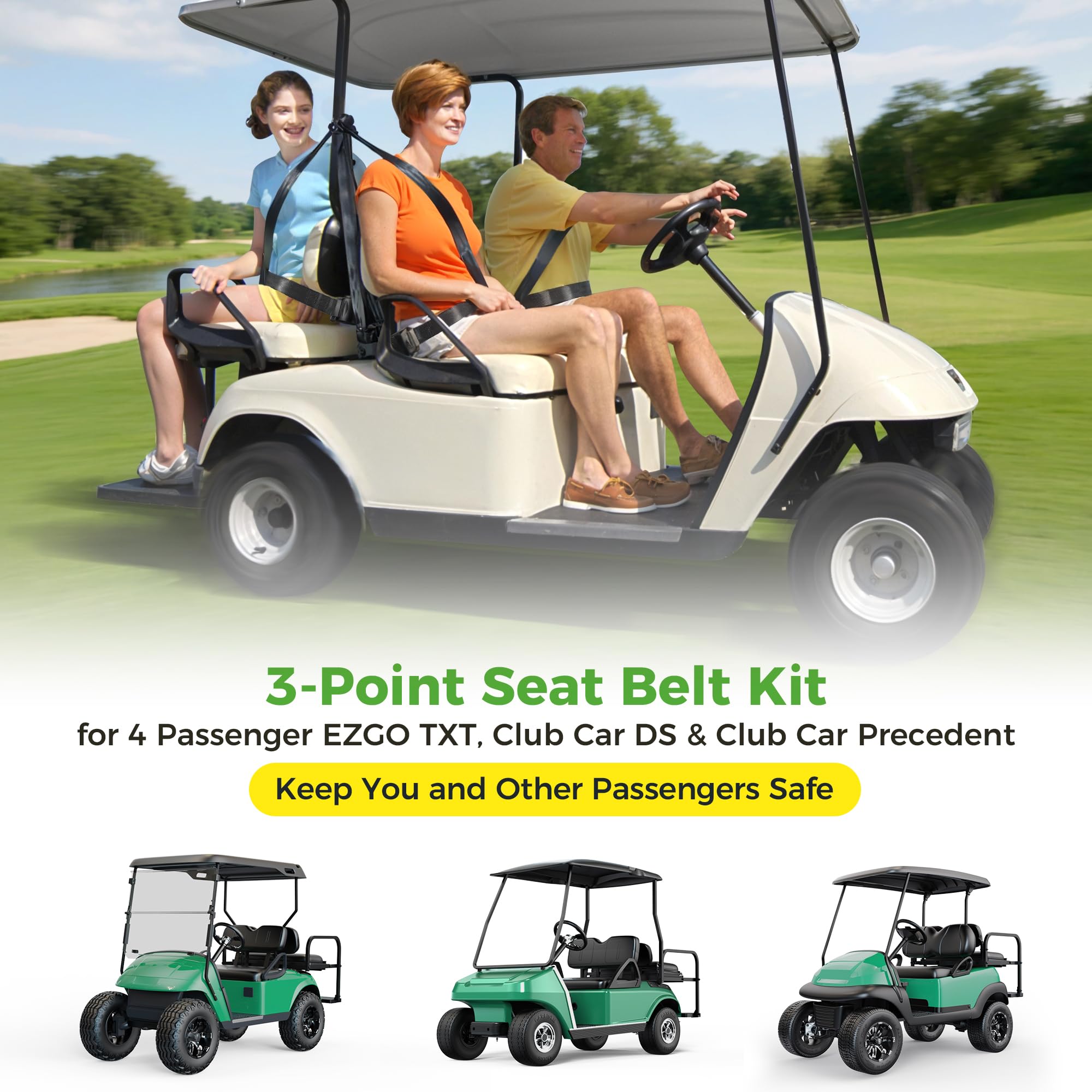 10L0L 4 Passenger (2+2) Golf Cart Seat Belt Kit for EZGO, Yamaha, Club Car, Fits Front Rear Seat, with Bracket