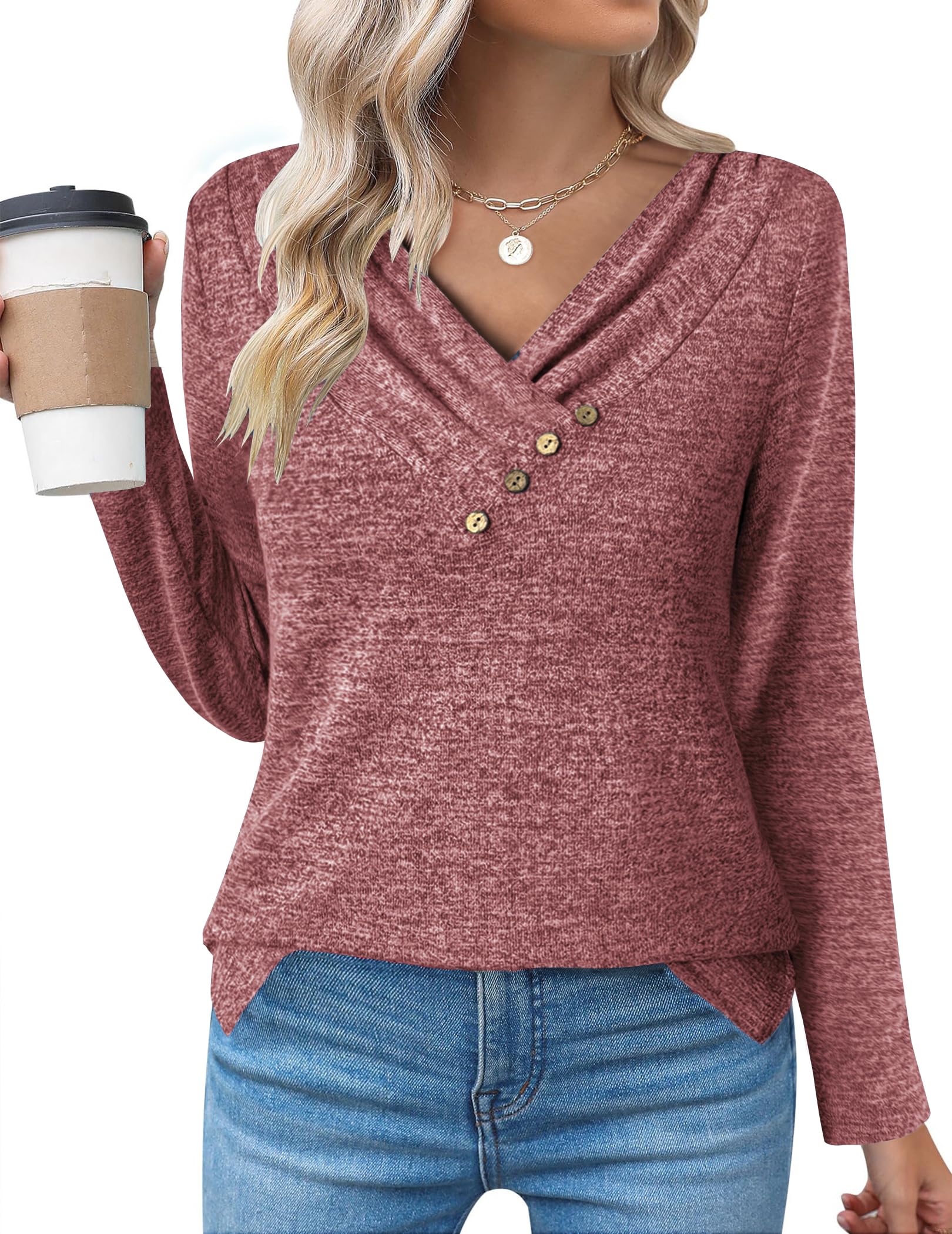 Zeagoo Women's Casual Tunic Tops Long Sleeve Shirts for Leggings V Neck Button Fall Pullover Blouse Loose Sweatshirts