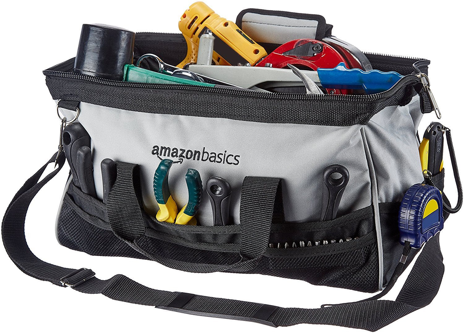 Amazon Basics Durable Wear-Resistant Tool Storage Bag with Adjustable Shoulder Strap, Portable Tool Organizer, 16 Pockets, 12 in, Black & Gray